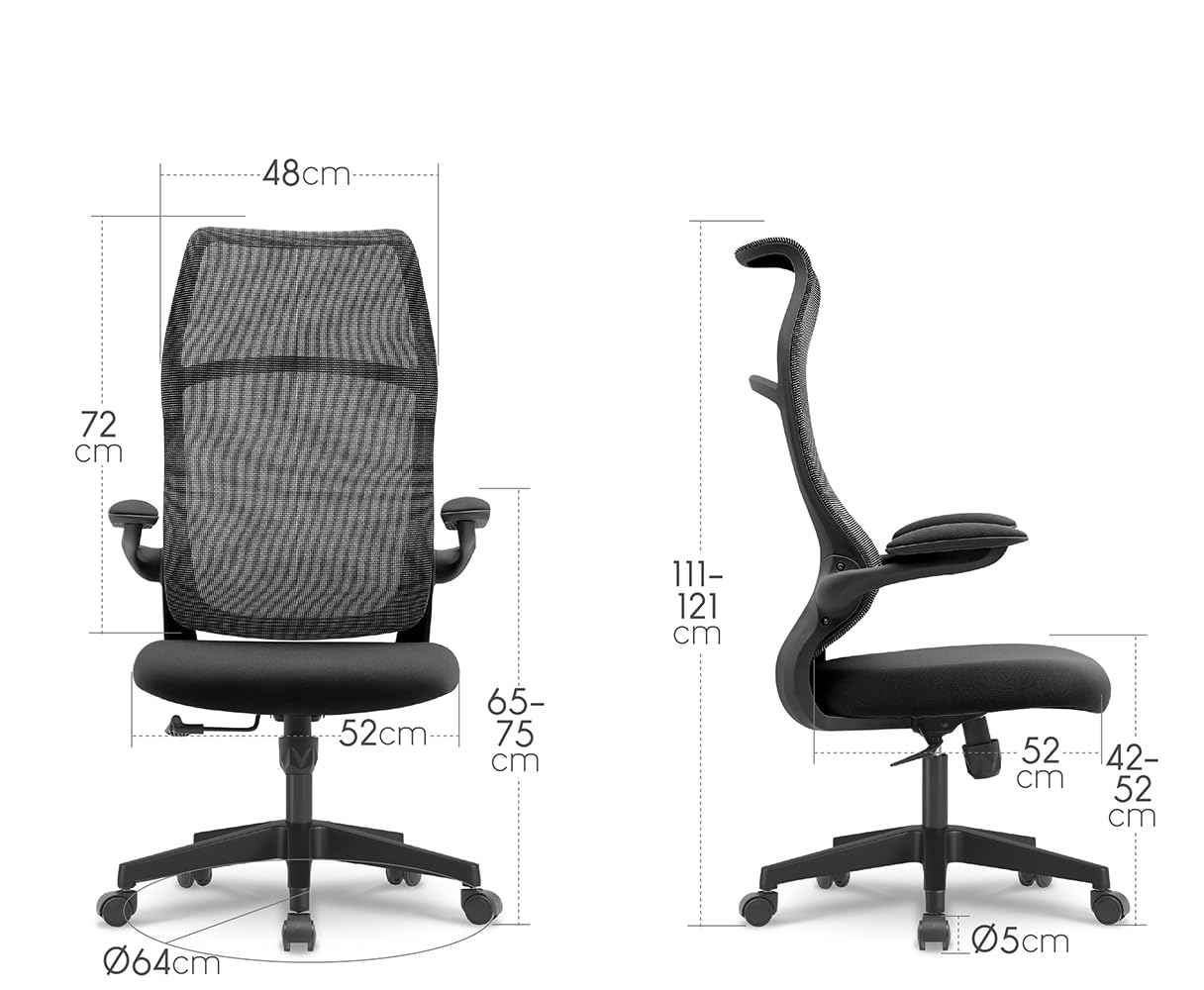 Waytex Poltrona da ufficio ergonomica in tessuto – schienale alto traspirante in rete, braccioli 2D sollevabili e girevoli, meccanismo basculante centrato, altezza seduta regolabile – nero