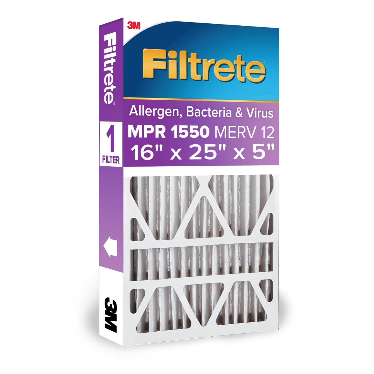 Photo 1 of Filtrete 16x25x5 AC Furnace Air Filter, MPR 1550, MERV 12, Fits Honeywell & Trion AirBear, CERTIFIED Asthma & Allergy Friendly, Electrostatic Air Filter, 1-Pack (actual size 15.75 x 24.13 x 4.88)
