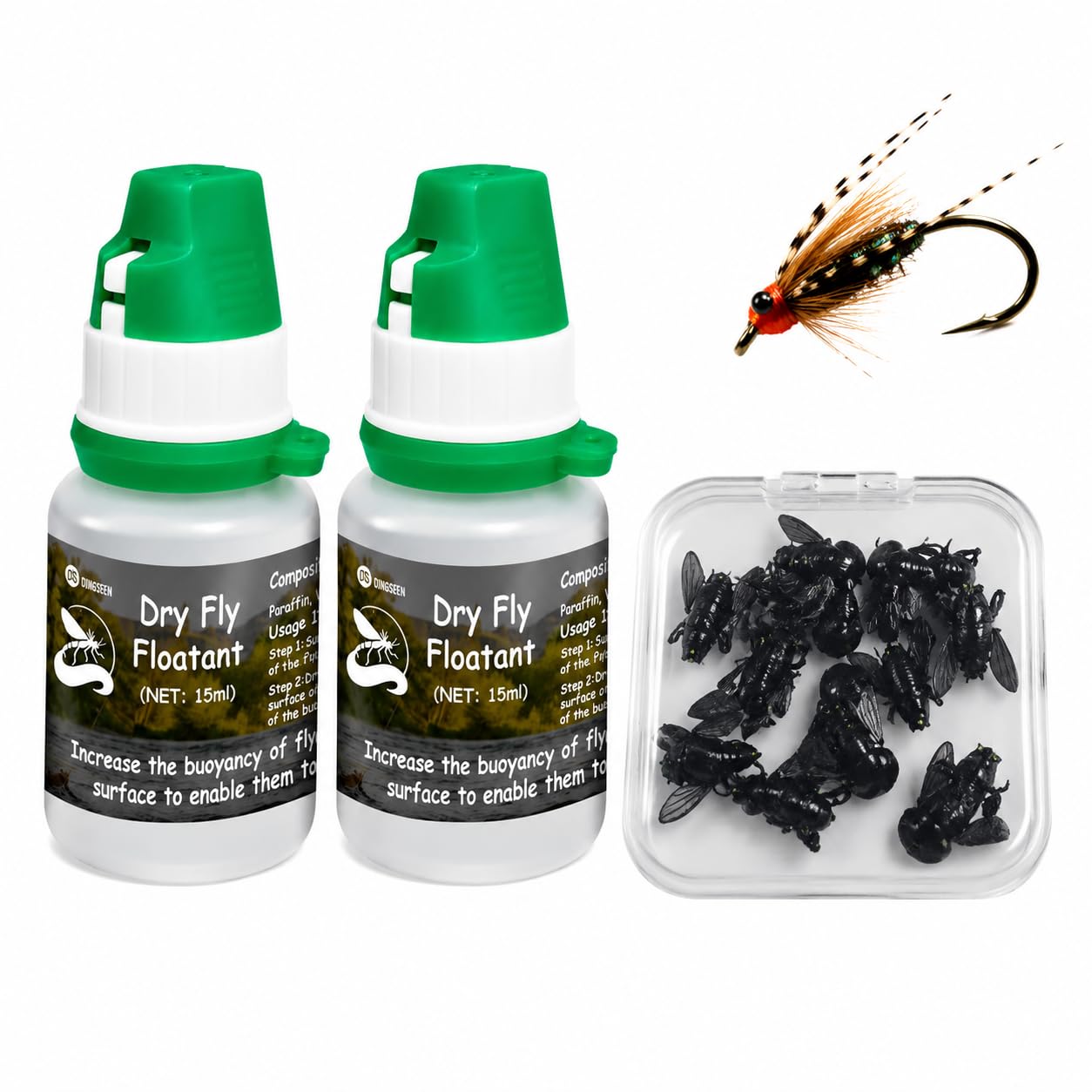 DINGSEN Dry Fly Floatant Kit - 2 x 15ml Treatment with 30 Fishing Flies
