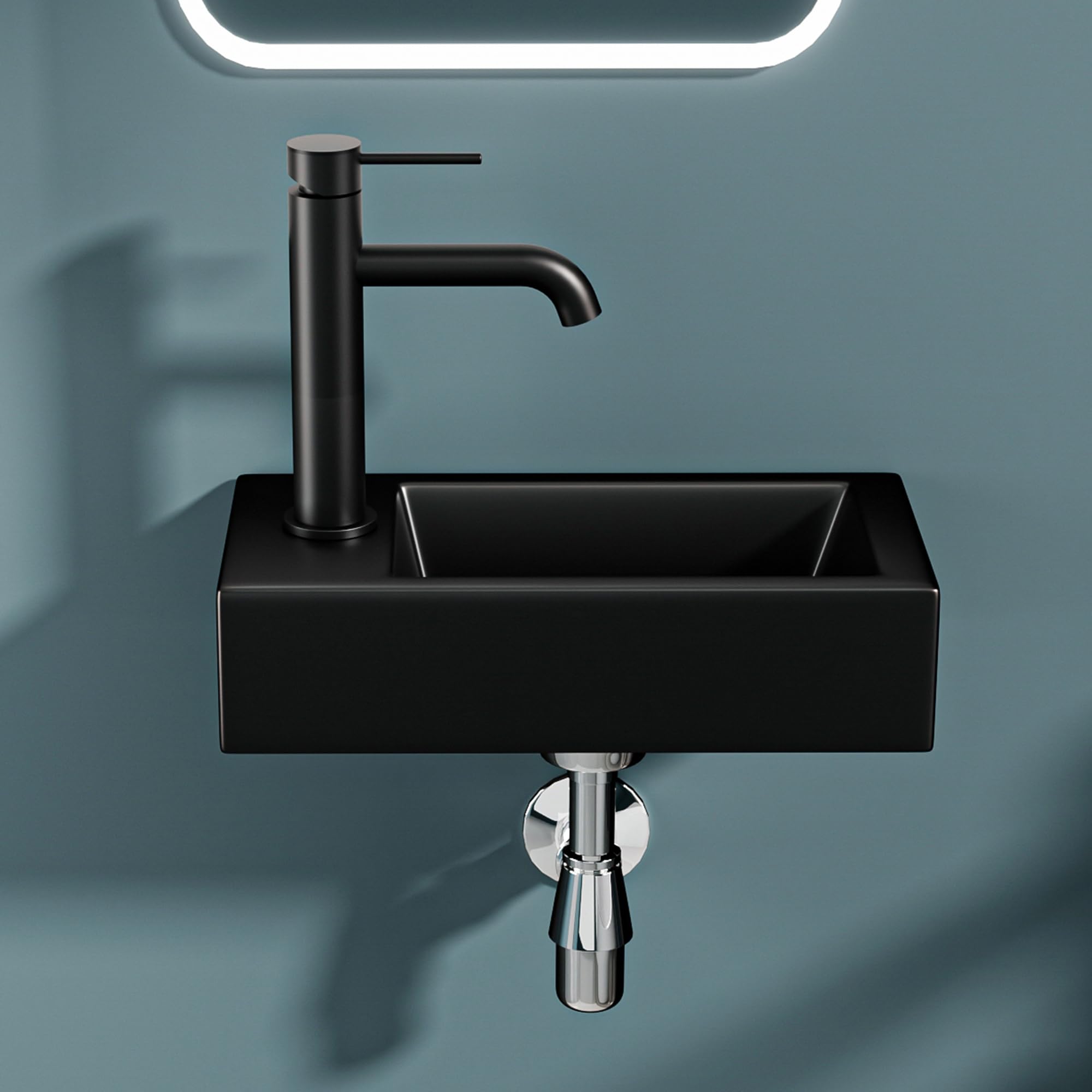 Lavabo compatto nero opaco con uscita sinistra 36,5 x 18 x 9 cm – Lavabo rettangolare in ceramica – ideale per WC, piccoli bagni d'acqua e spazi ristretti
