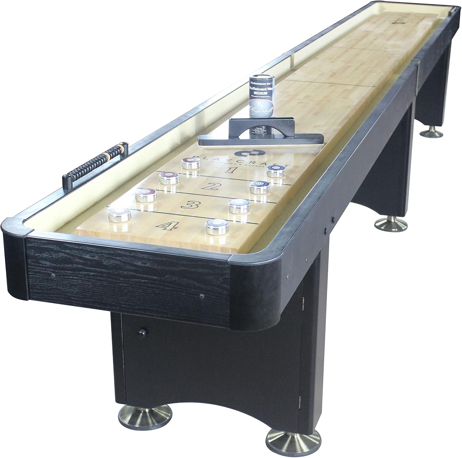 Playcraft Woodbridge Shuffleboard Table with Storage Cabinet - Shuffle Board Game Table Set with Matching Abacus, 8 Pucks, Brush & Wax (Made in USA) - Pro Style Climate Adjusters