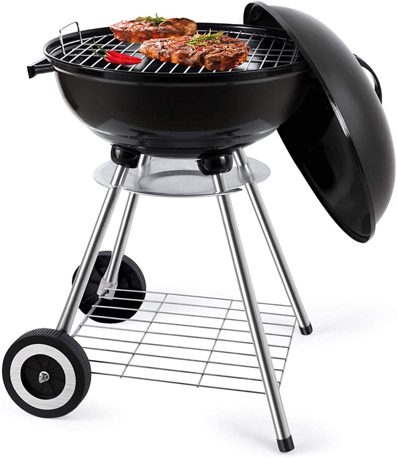 BBQ Kettle Charcoal Grill Outdoor Portable Grill Backyard Cooking Stainless Steel for Standing & Grilling Steaks, Burgers, Backyard Pitmaster & Tailgating (18 Black)