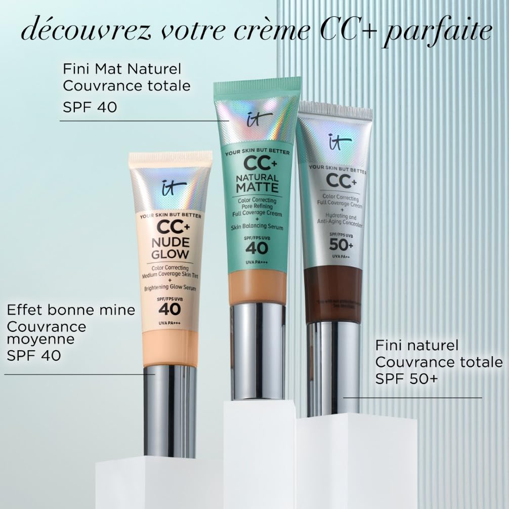 IT COSMETICS, CC+ Crème Natural Matte SPF 40, Haute Couvance et Contrôle de Brillance, Peaux Mixtes à Grasses, Avec Sérum Équilibrant à l'Acide Hyaluronique, Your Skin But Better, 32 ml