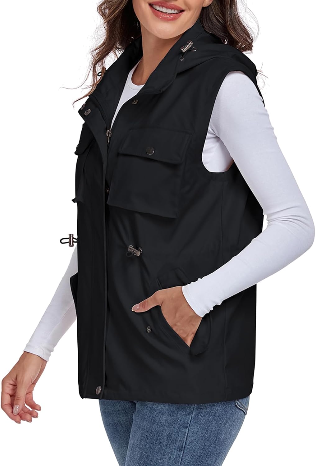 Women's Military Utility Vest Sleeveless Drawstring Jackets Waterproof Cargo Vest Outerwear with Removable Hood - Image 4