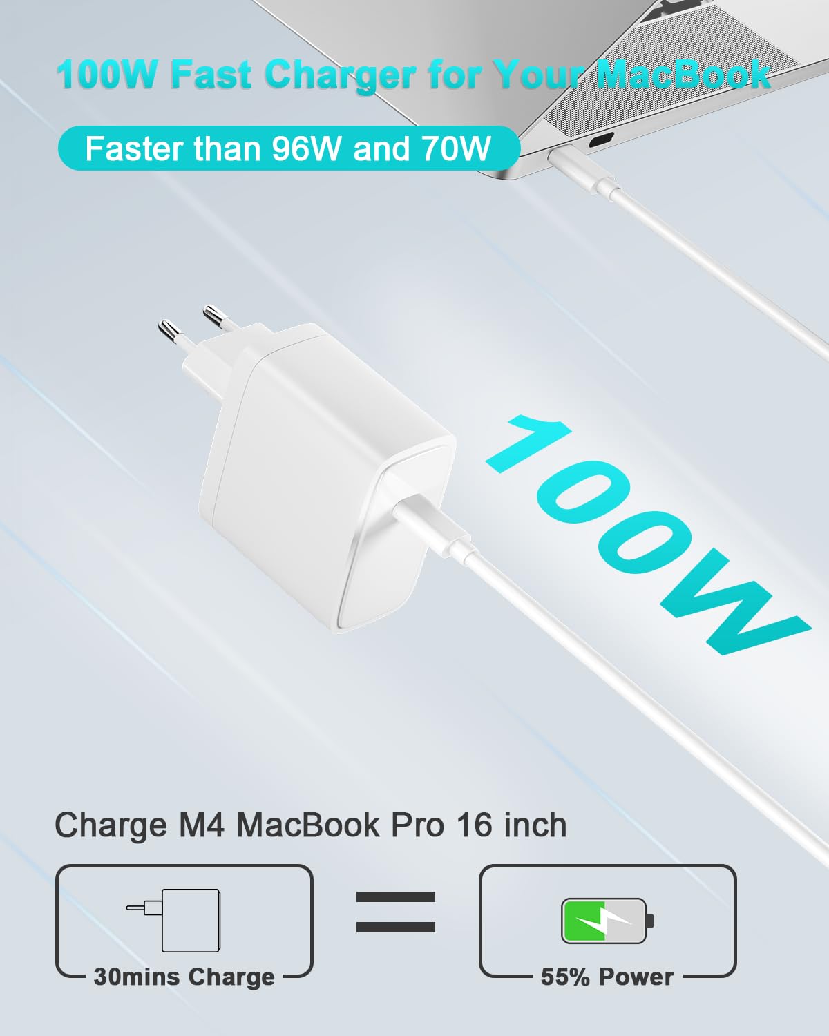 Chargeur USB C 100 W Compatible avec MacBook Pro 16 14 Pouces, MacBook Air 15 13 Pouces 2025 2024 2023 2022 2021 2020 2019 2018 M4 M3 M2 M1, Câble de Charge USB-C 2M 5A (Blanc)