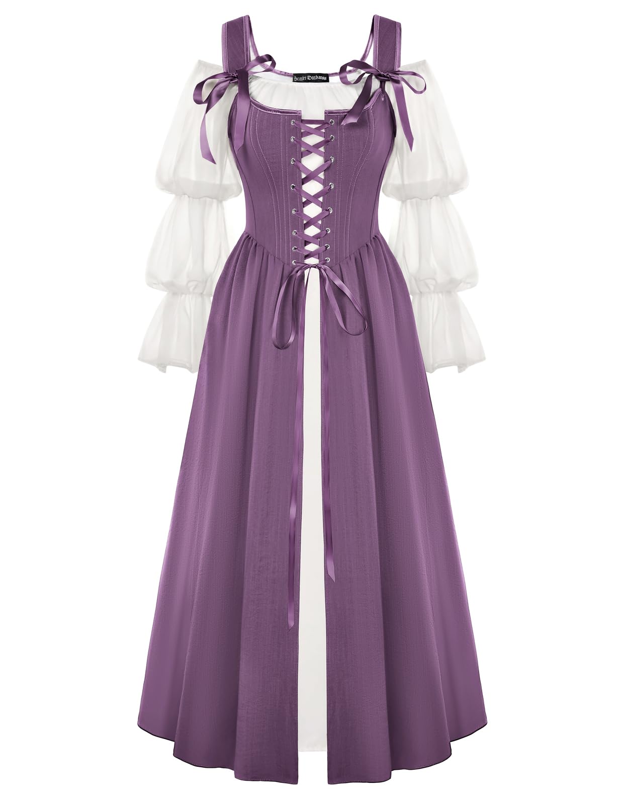 SCARLET DARKNESS Women 2Pcs Renaissance Maxi Dresses Off Shoulder Long Sleeve Lace-up Irish Costume with Over Dress Purple 14