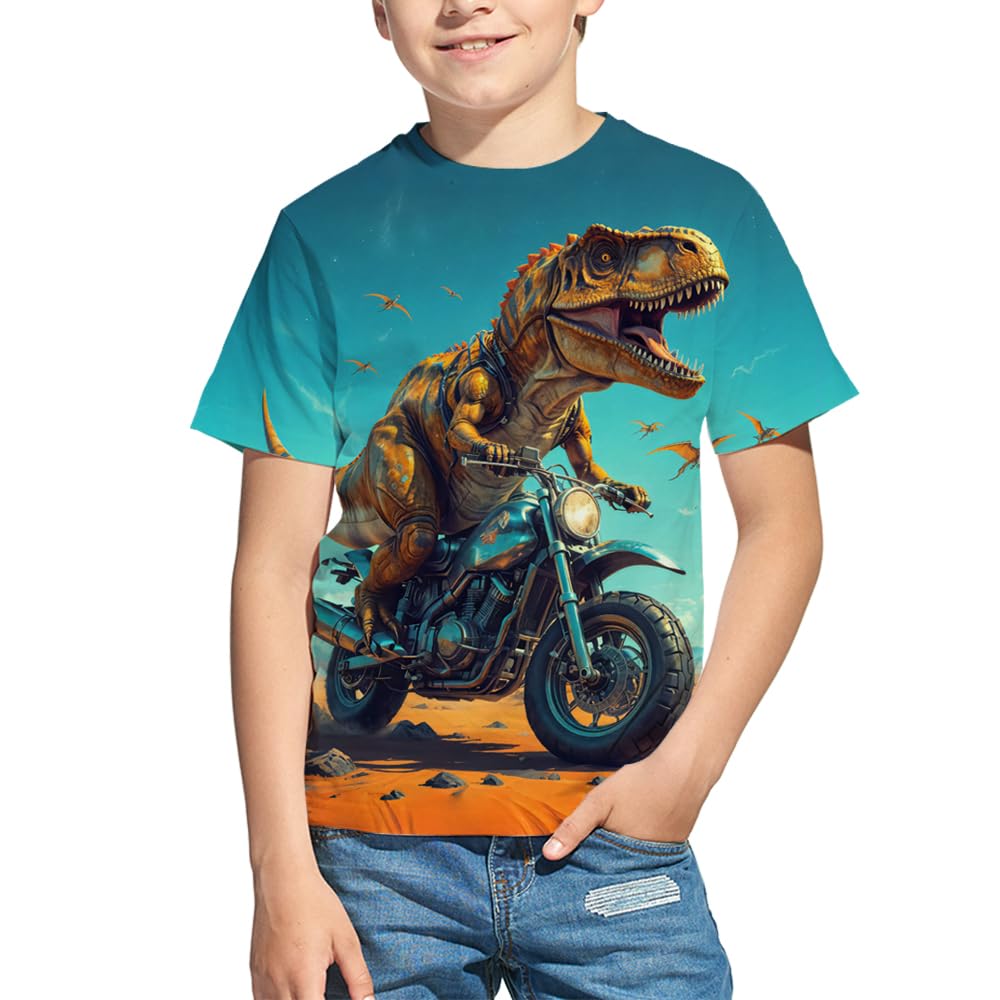 Kids 3D Print Graphic Tees Funny Cartoon Dinosaurs Short Sleeve T Shirts for Youth Boys Girls 4-14 Years