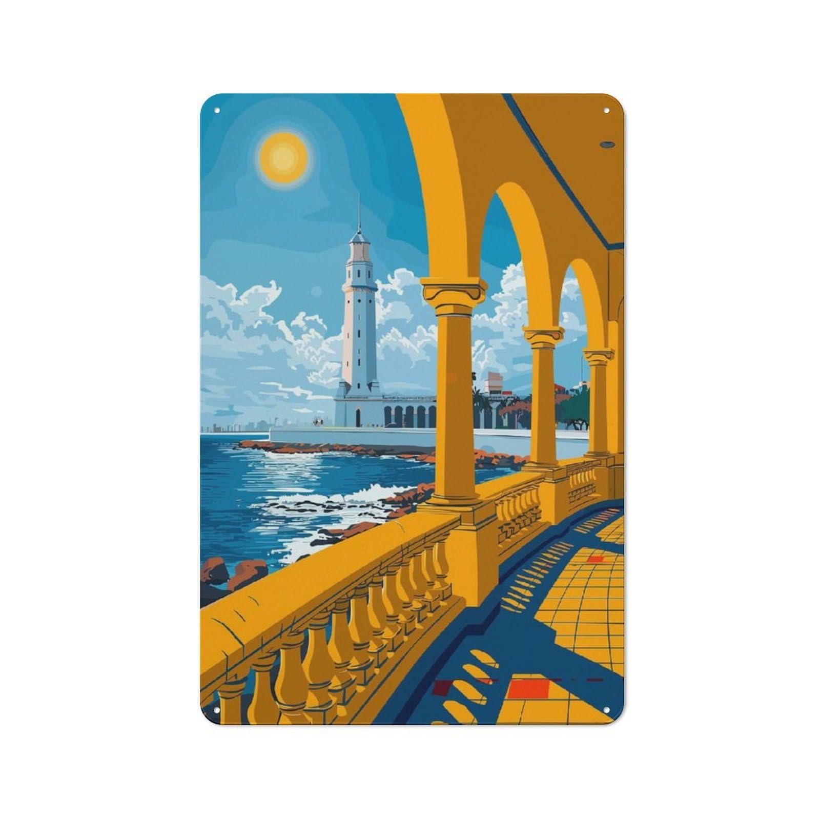 Junmoney Style-1 Alexandria Lighthouse View Decorative Tin Sign 30X20cm, Distressed Look Vintage Wall Decor For Lounge, Study, Pub Or Wall Gallery