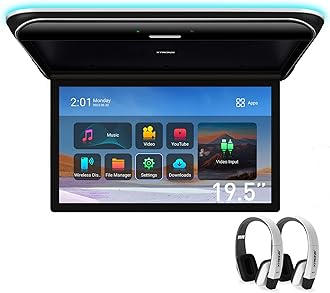 XTRONS Android Car Overhead Player 19.5 Inch Wide IPS Screen 8K Video Car Roof Mount Monitor Built-in Stereo Speakers Flip Down Overhead Car Monitor Support HDMI, USB, 2 White IR Headphones Included
