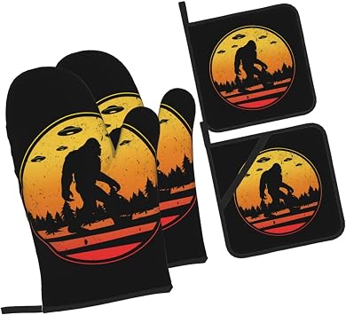 Nezih Bigfoot UFO Abduction Oven Mitts and Pot Holders 4pce Set Heat Resistant Non Slip Surface Soft Lining Safe Baking Cooking BBQ