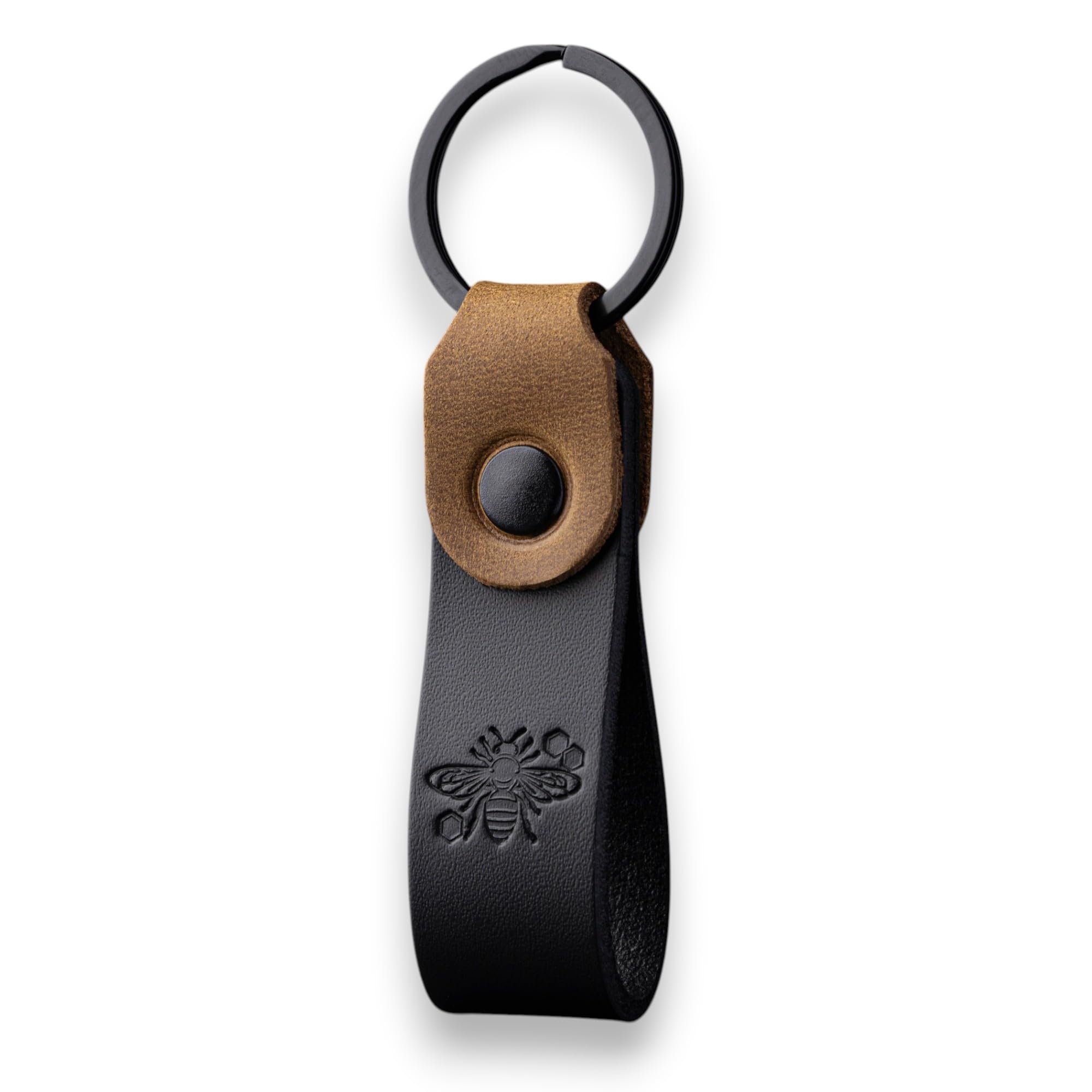 MAGOR Compact Leather Keyring for Men & Women – Personalised Black Full Grain Leather Keychain with Black Crazy Horse Accent, Car Keyring, Hot Embossed Design, Gift for Him Her Mum Dad (Honey Bee)