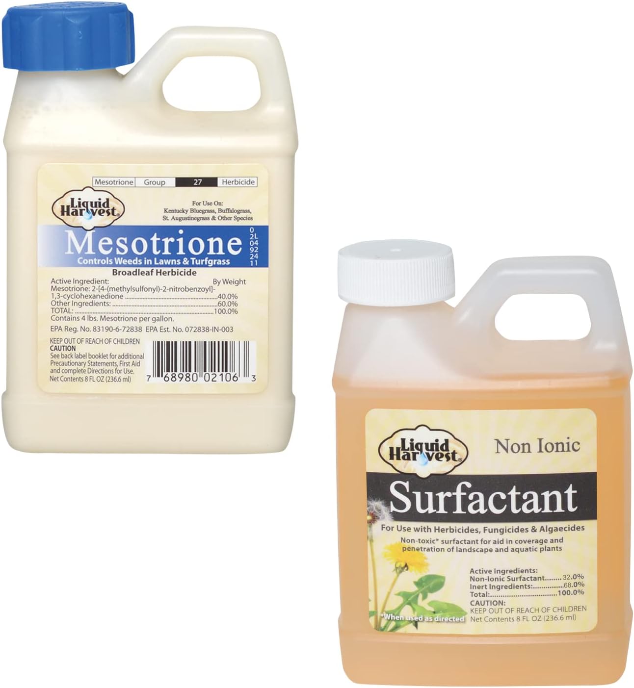 Liquid Harvest Surfactant 8 oz and Mesotrione 8 oz Bundle for Effective Lawn & Turf Grass Weed Control