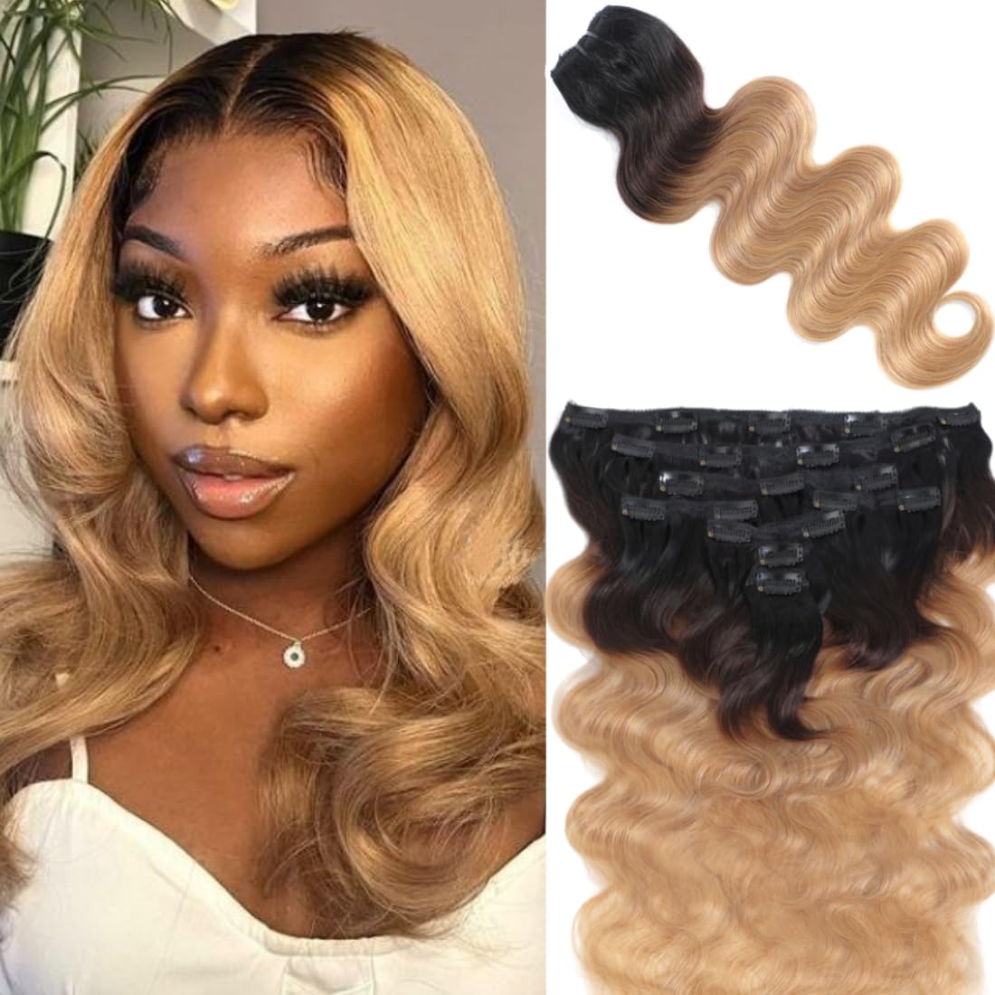 LUMIERE Human Hair Clip In Extensions Ombre Blonde Body Wave Seamless Clip In Hair Extensions Real Human Hair for Black Women T1B/4/27 Balayage Hair