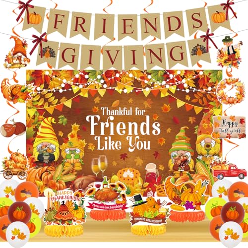 Friendsgiving Decorations Kit - Thanksful Banner, Honeycomb Centerpiece, Indoor Party Decorations