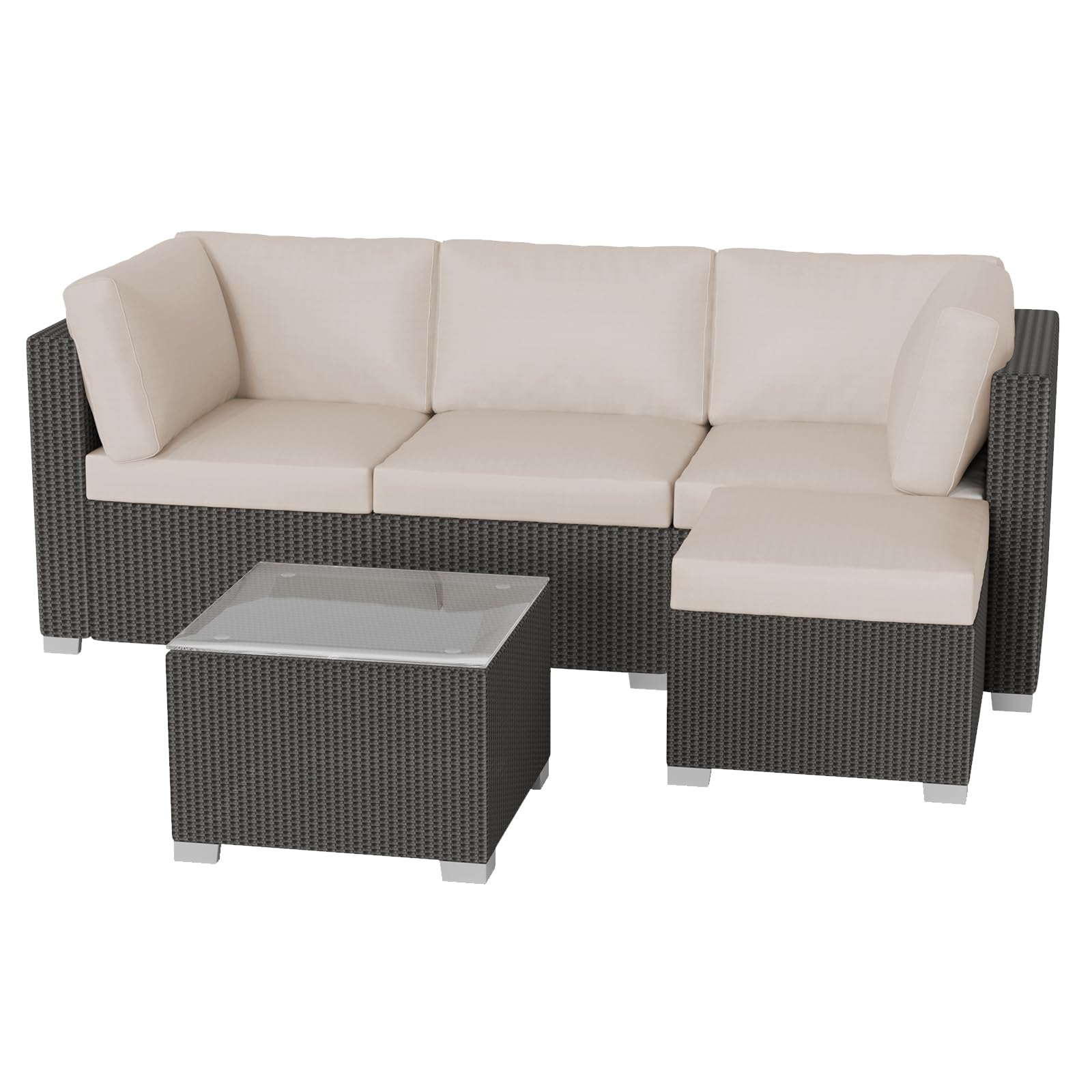 5-Piece Outdoor Patio Rattan Wicker Sofa Set, PE Rattan Conversation Sectional with Thickened Back Cushion, Glass Tabletop, Ottoman - Ideal for Courtyard Space, Beige