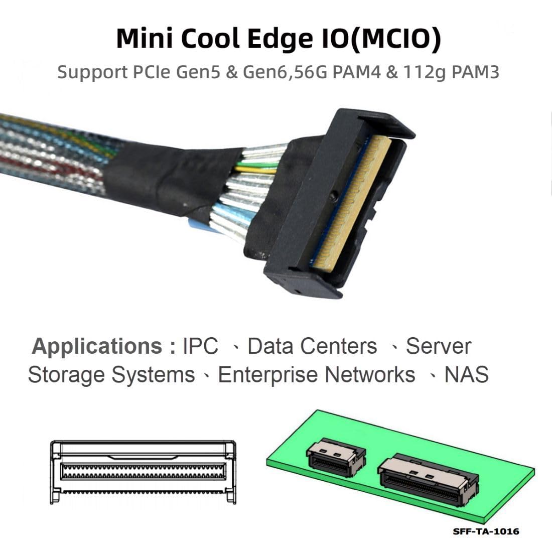 Chenyang Câble d'extension PCI-E 5.0 Mini Cool Edge IO MCIO STR PCI-E Slimline SAS 8i 74 broches mâle vers MCIO 74 broches mâle 50cm cavo RAID per server da, SFF-8484 SAS, da 32 pin
