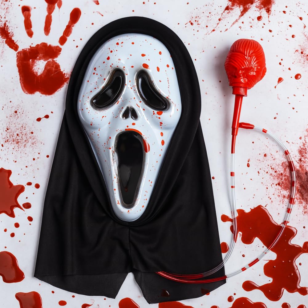 eMKay® Bleeding Scream Ghostface Halloween Mask – Realistic Horror Costume with Flowing Fake Blood – Scary Skull Mask for Fancy Dress, Cosplay & Haunted Events