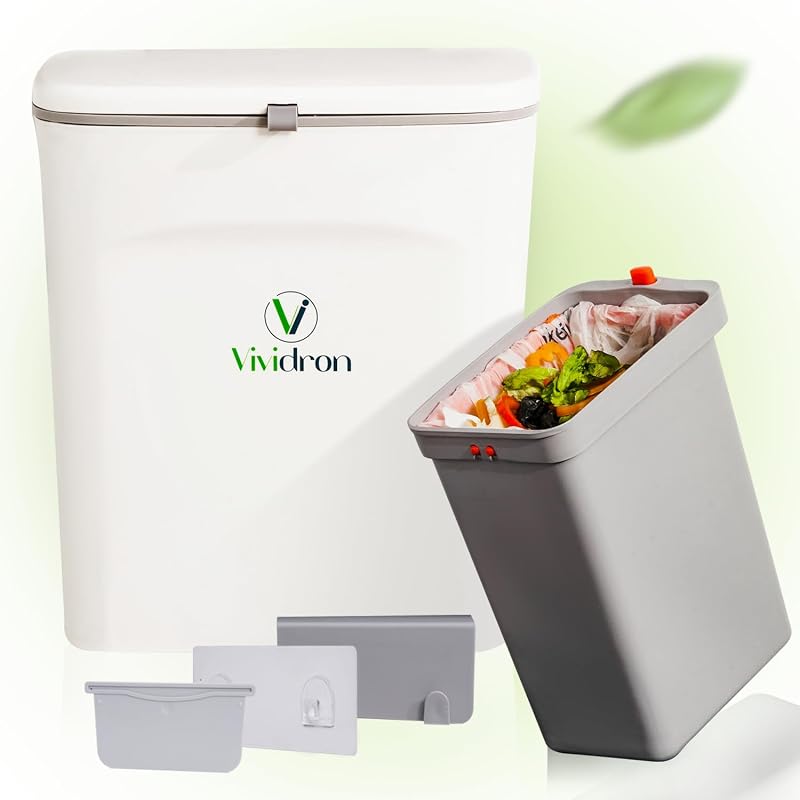 Vividron Konyhai Komposztáló Edény Fedéllel 9L - Fehér Bio Hulladék Gyűjtő Két Tartállyal - Akasztható Szekrény Alá