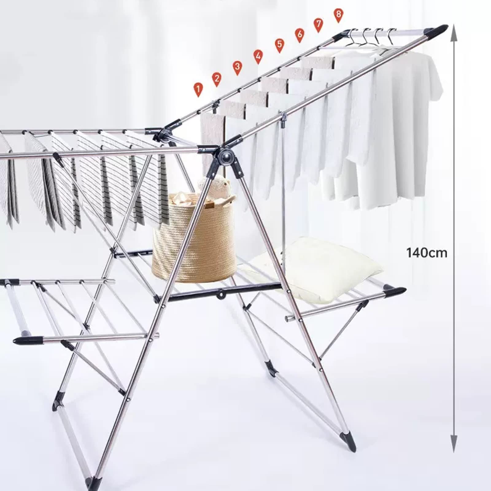 Wäscheständer, Heavy Duty Edelstahl Wäsche Trocknen Racks Höhe-einstellbare Seite Flügel Zusammenklappbar Kleidung