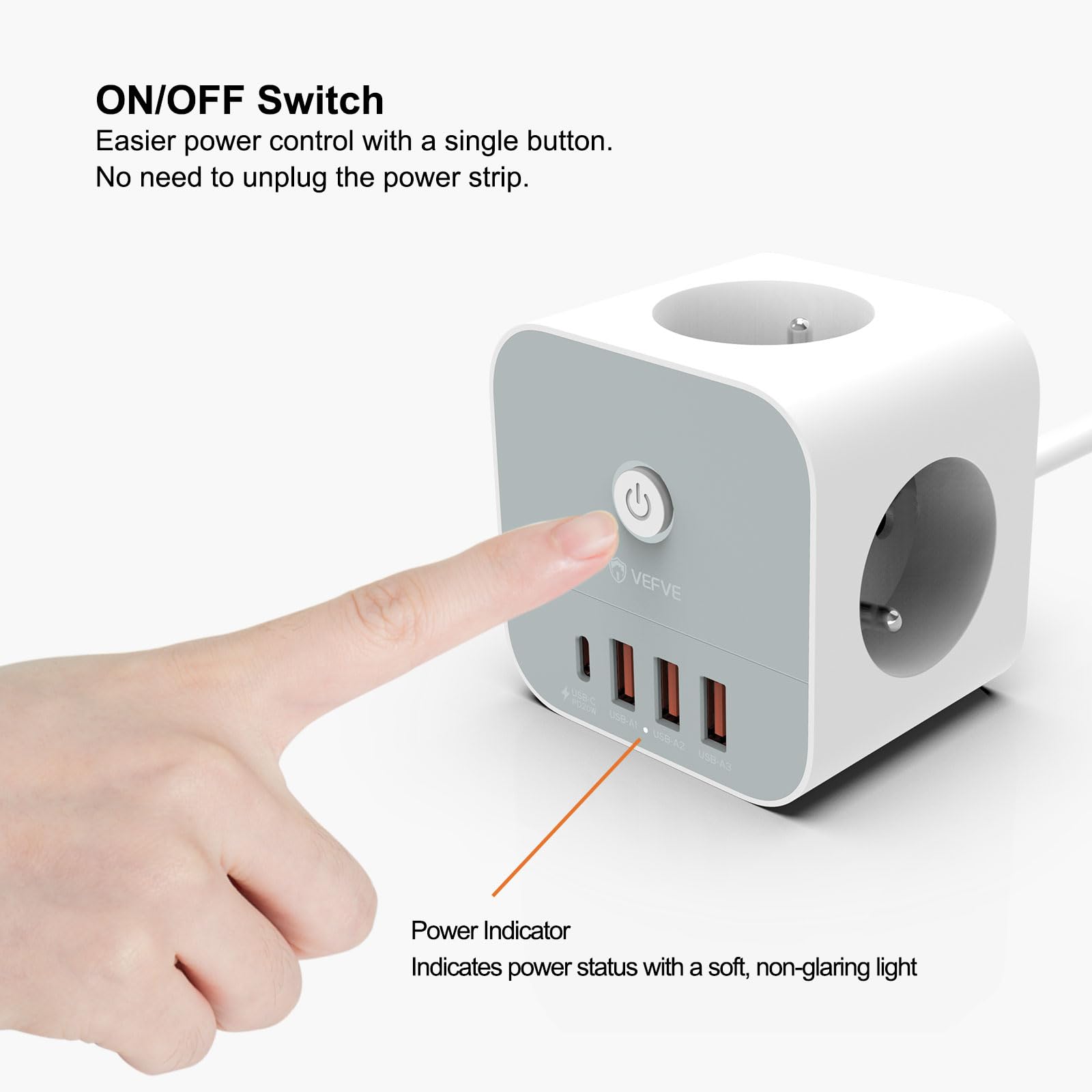 VEFVE Regleta Tipo E (Estándar Francés), Cubo Enchufes USB C 20W PD, Ladrón 7 en 1 con Interruptor, para Francia/Bélgica/Polonia, Cable 3m, Blanco