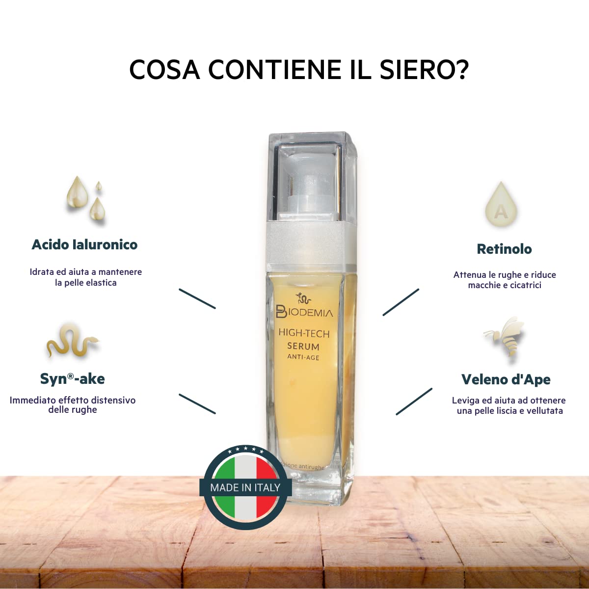 BIODEMIA | Siero Viso Anti-Age Contorno Occhi, Collo E Décolleté, 30 ml | Con Veleno D'Api, Syn-Ake® e Acido Ialuronico A Rapido Assorbimento, dona tonicità