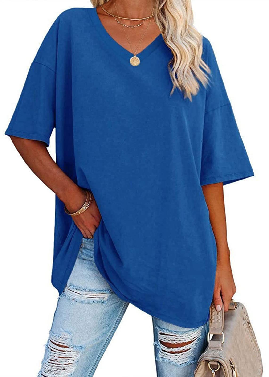 TSMNZMUWomen's Oversized T Shirts Tees Long Sleeve V Neck Comfy Cozy Cotton Tunic Tops