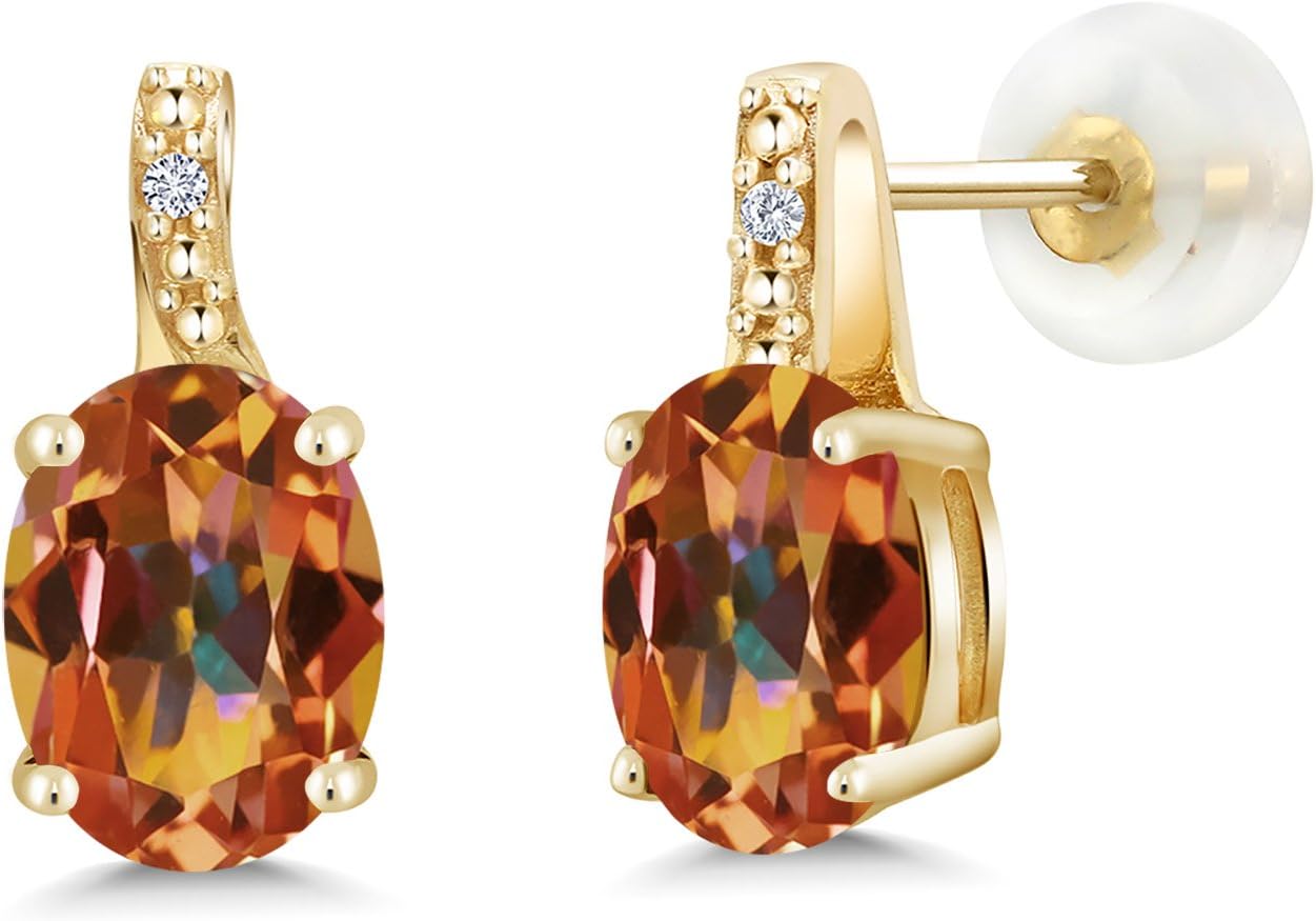 Gem Stone King 10K Yellow Gold 8X6MM Oval Gemstone Birthstone and White Diamond Earrings | Gold Earrings for Women