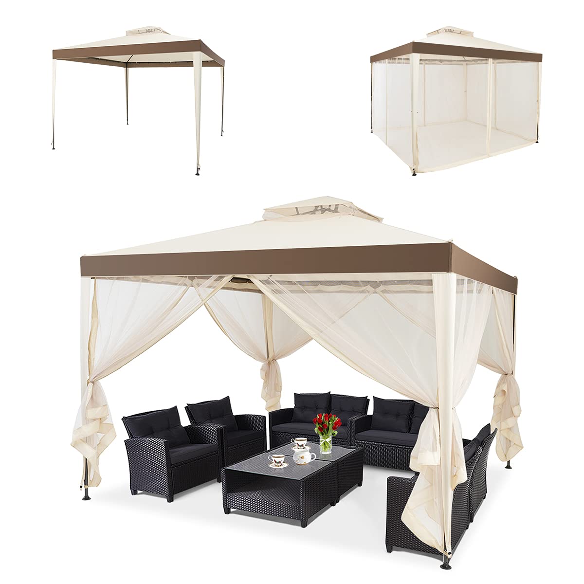 RELAX4LIFE Gazebo da Giardino 3x3M, Gazebo da Esterno con 4 Tendine Laterali, Doppio Tettuccio, Impermeabile e Protezione Solare, per Terrazza, Giardino, Patio e Cortile (3x3x2,65M, Beige)