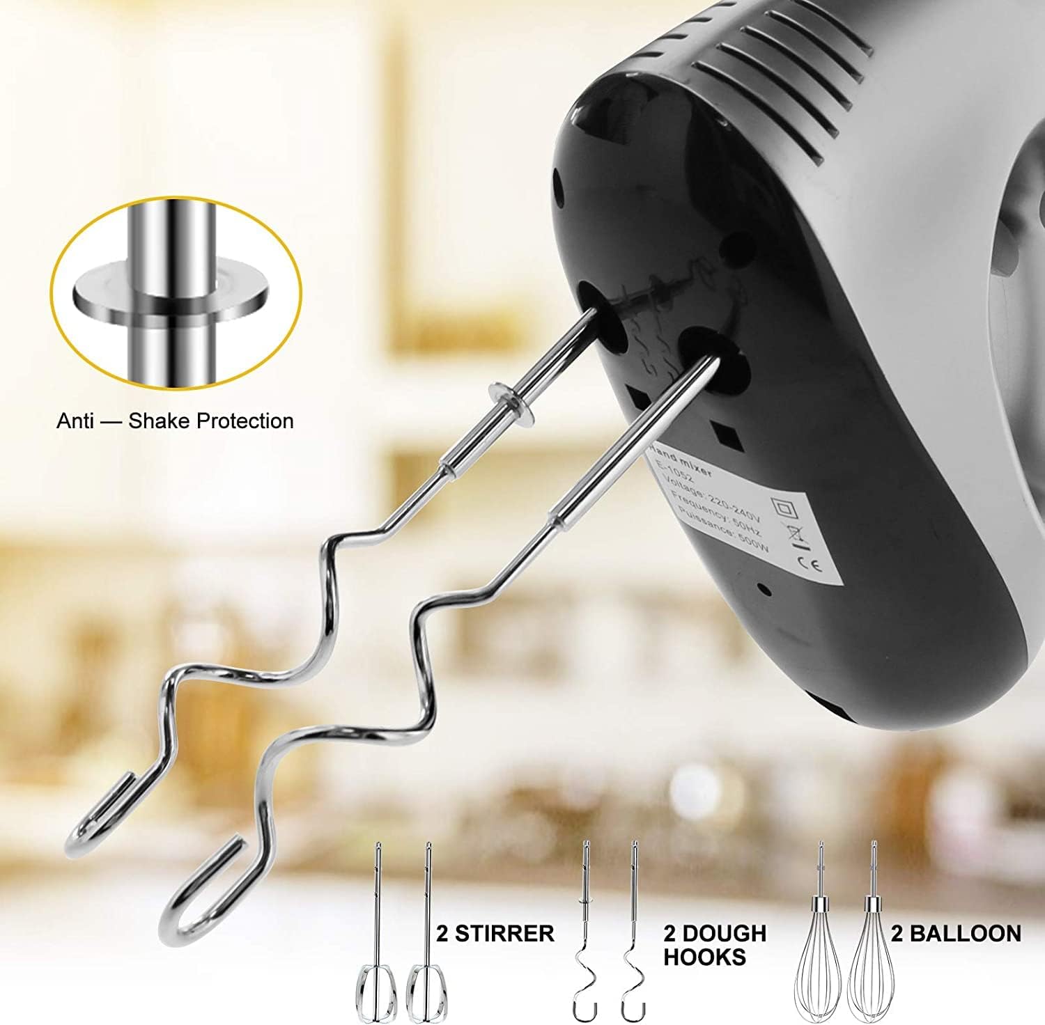 Batidora Eléctrica de Varillas 500W 5 Velocidades Ajustables con Ganchos para Masa Batidores Espátula y Base de Almacenamiento Potente Función Turbo y Versátil para Repostería y Cocina