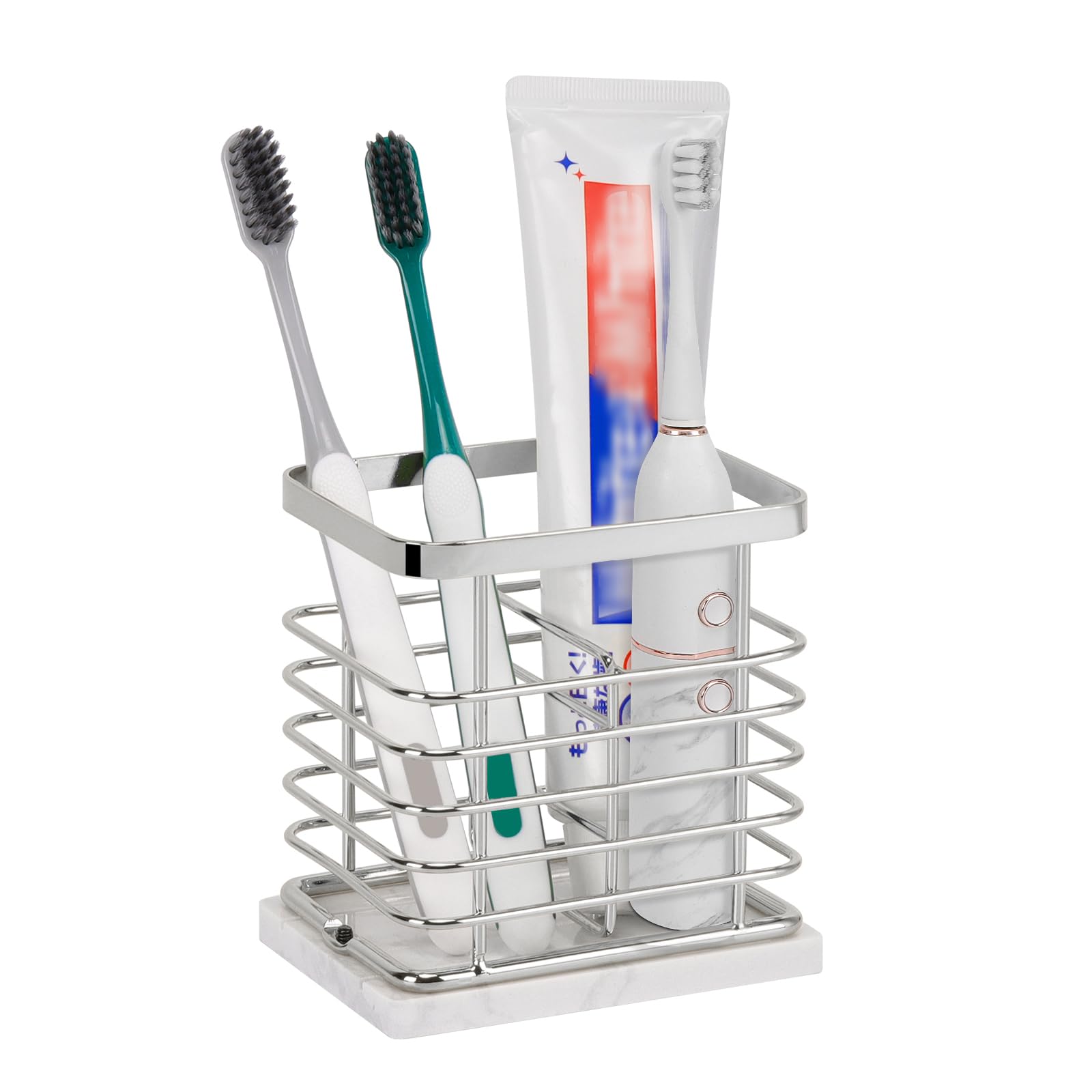 HarJue Toothbrush Holder, Luxurious Metal Toothbrush Toothpaste Holder with Marble Base for Bathroom, Multi-Slots Openwork Design, Bathroom Accessory for Storage and Organizer (Small, Chrome)