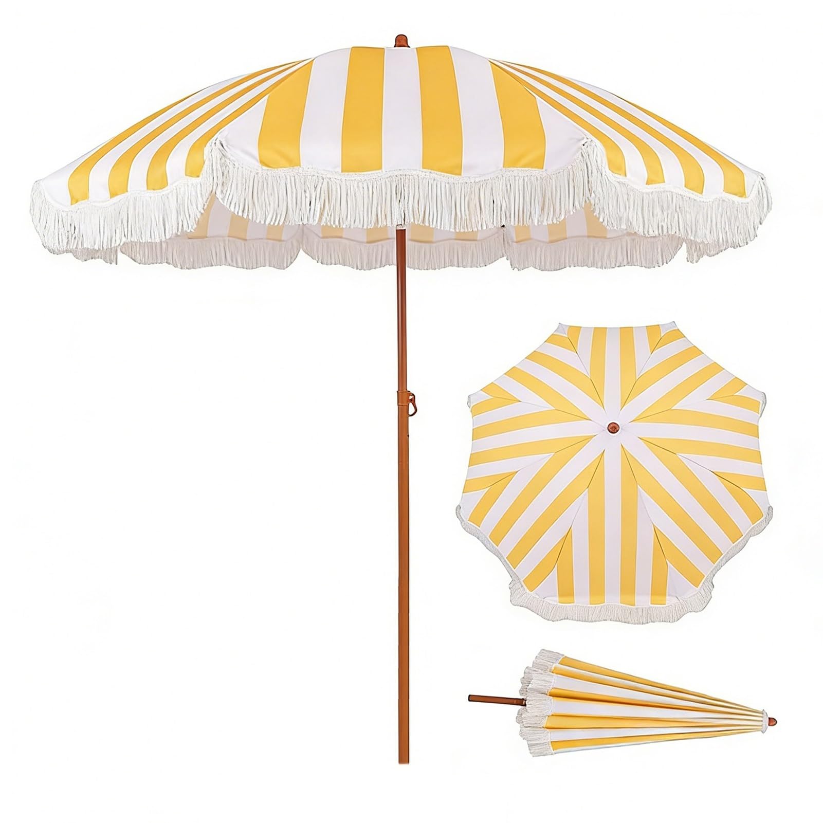 6,5ft Boho White-Ylow Striped Parasol z frynką, UPF 50 + Składany parasol tarasowy na ogród wakacyjny na świeżym powietrzu