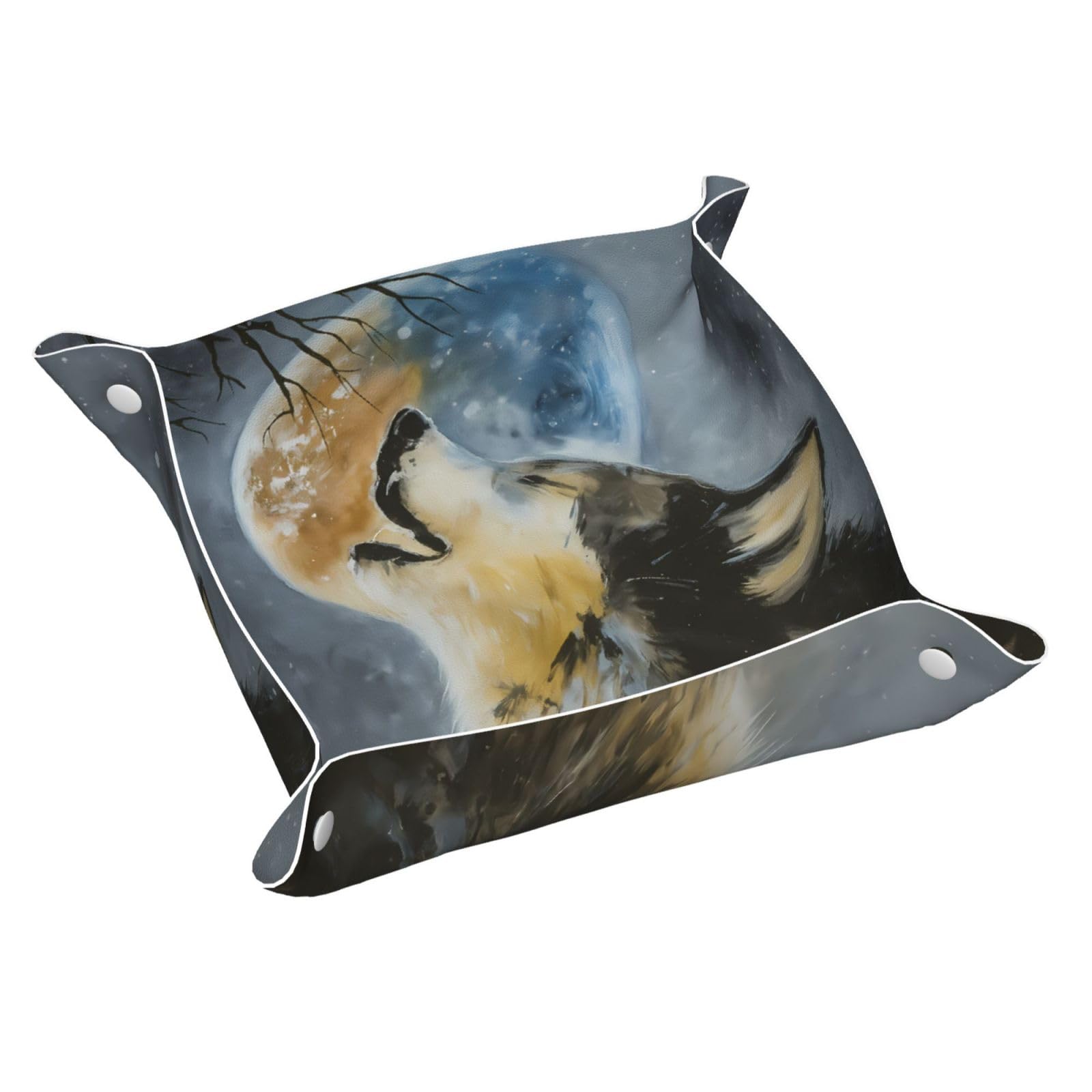 HLBSDM Moonlit Howling Wolf Tray Men's Leather Valet Parking Portable Entrance Trays Bedside Storage Box