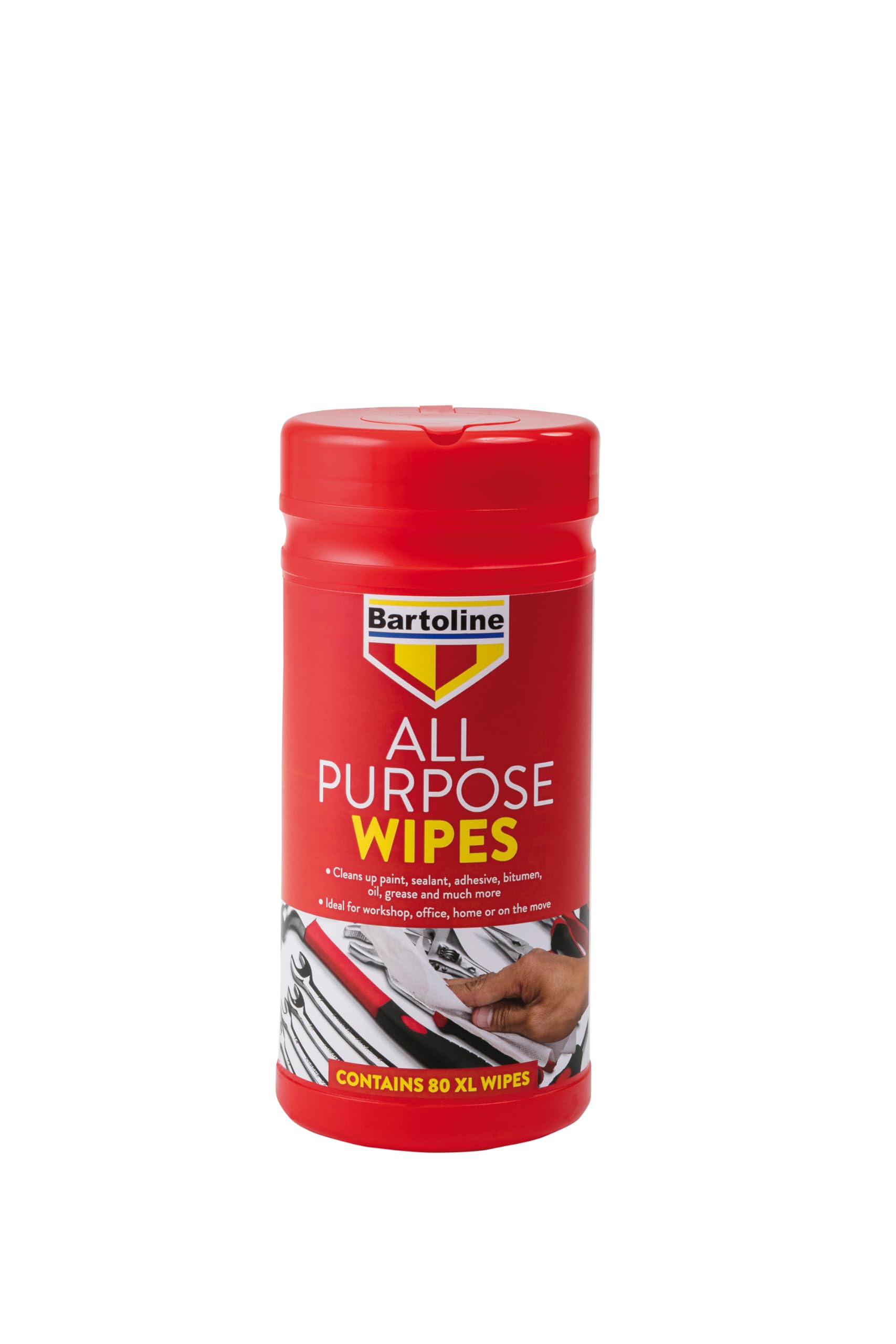 Bartoline All Purpose Wipes 80XL, Powerful Cleaning Wipes for Hands, Tools, Paint, Oil, Grease Removal, for DIY, Trades, Garden and Workshop with Aloe Vera, Convenient Tub Dispenser