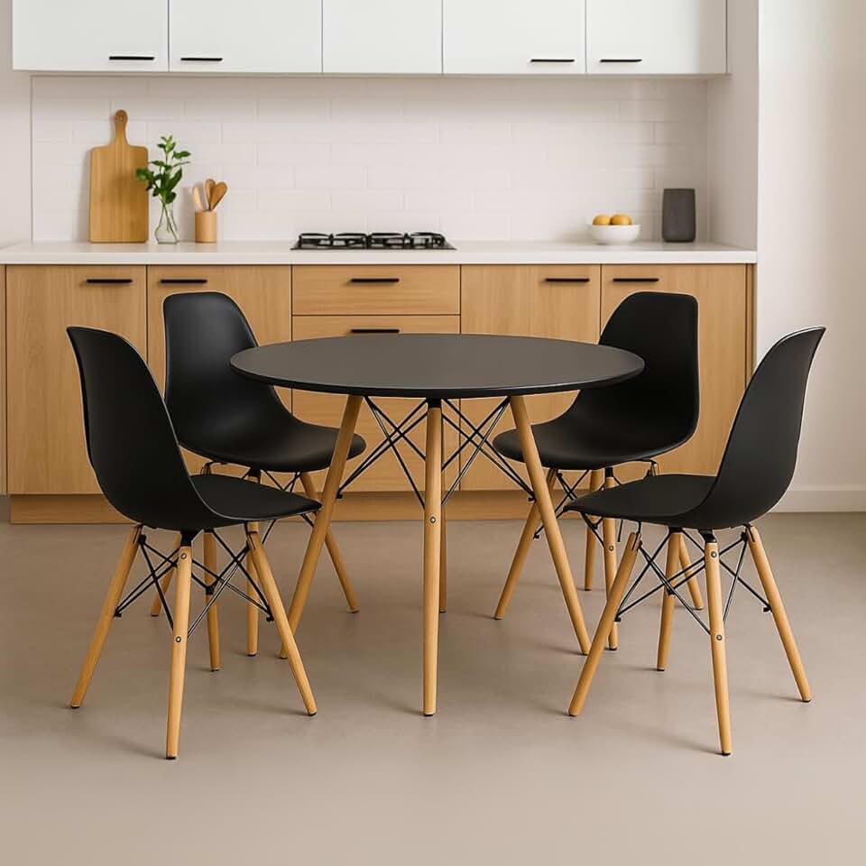 Kit Completo Mesa Jantar Eiffel Mdf Redondo 75x70cm Tampo Branco Ou Preto Com 4 Cadeiras Charles Eames Eiffel Jt Home (PRETO)