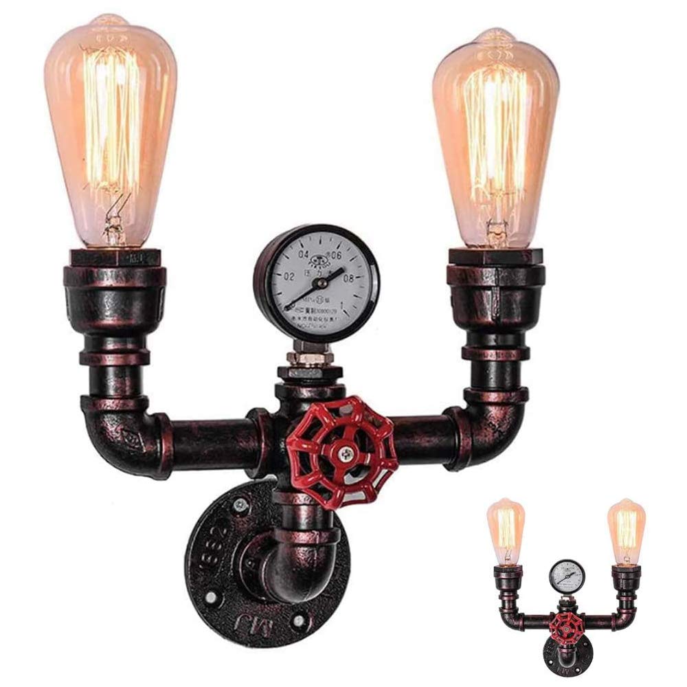 Retro Industrie Wasserrohr Wandlampe Innen Vintage Water Pipe Wandleuchte Industrial Dekor Loft Stil Beleuchtung Dekorative Manometer Bar Café Treppe Gehweg Restaurant Korridor Untergeschoss