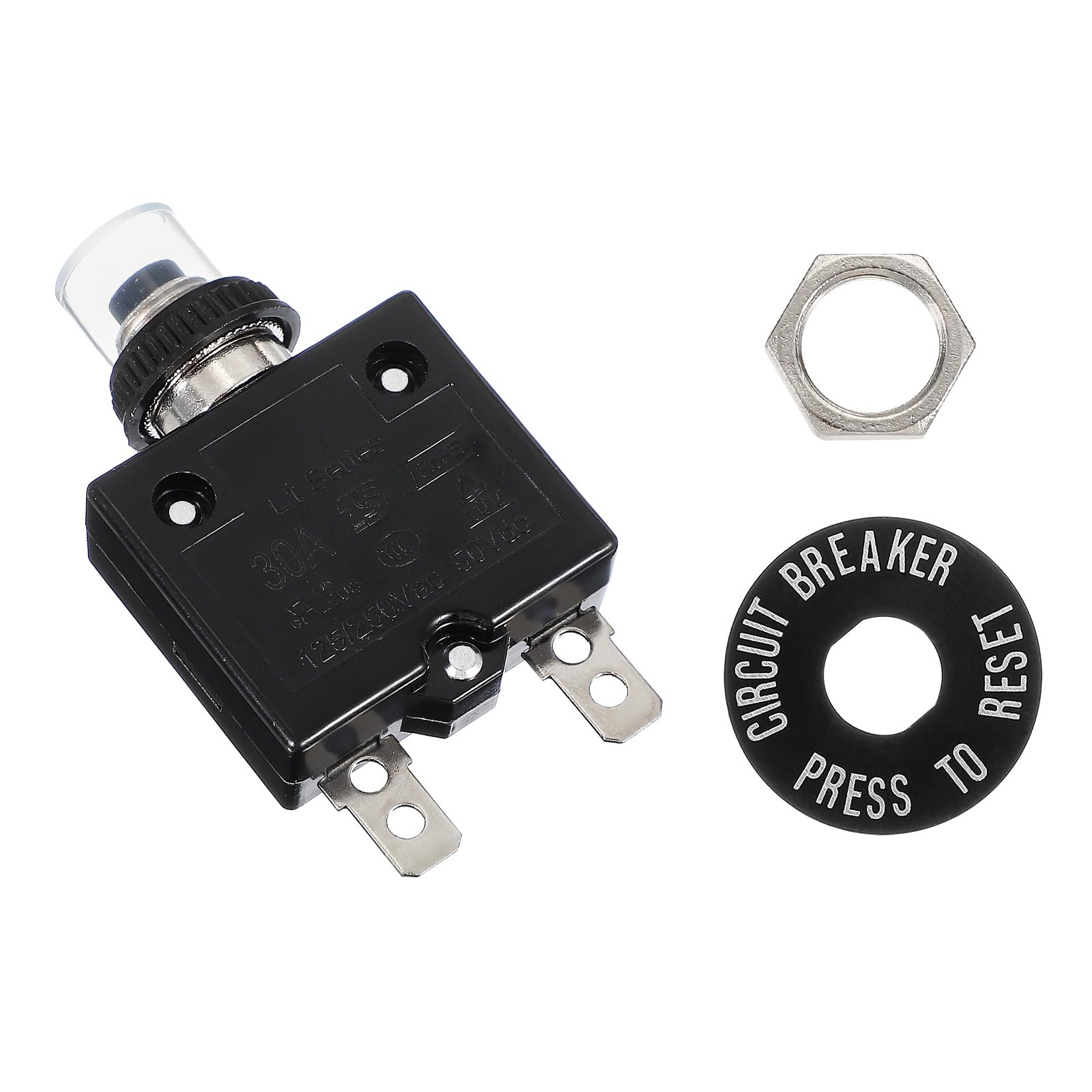 sourcing map 30Amp Push Button Circuit Breaker, 125/250V AC 50V DC Manual Reset Thermal Overload Protector with Waterproof Button Caps