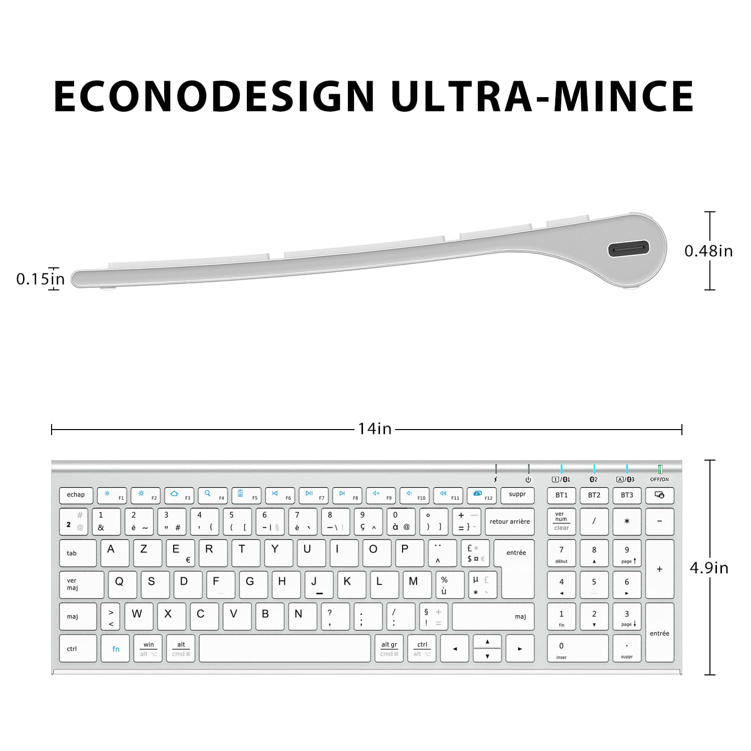 iClever Clavier Bluetooth, Clavier sans Fil Rechargeable Connecter 1 à 3 appareils AZERTY Mac iPad air Pro Tablette Ordinateur PC iPhone iOS Android Windows Ultra-Mince