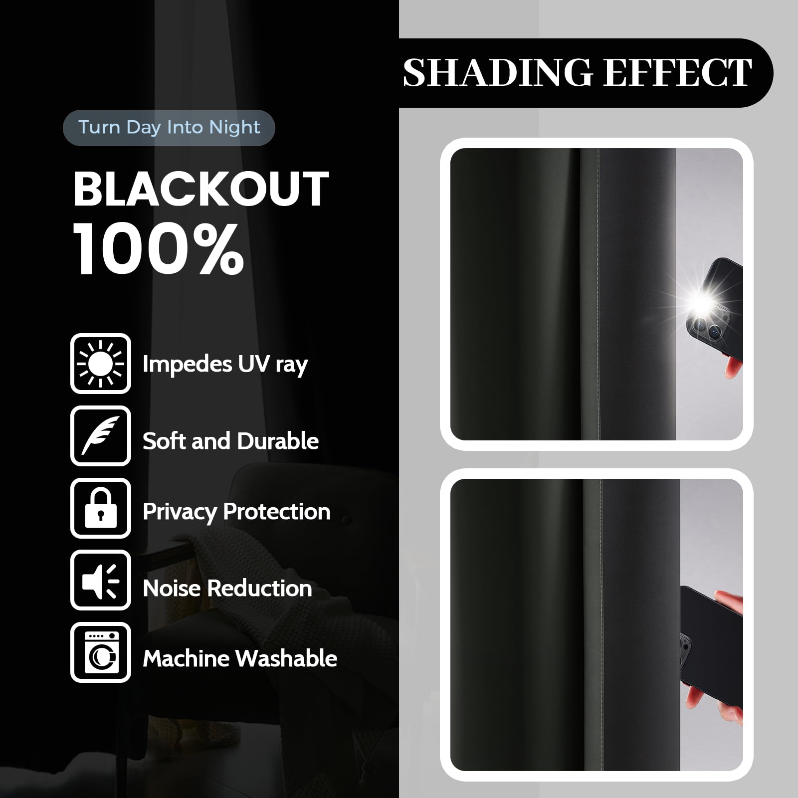 Yakamok 100% Blackout Curtains for Bedroom,Grey Ombre Room Darkening Drapes for Living Room Grommet Window Panels 72 inches Long,Thermal Insulated Curtains & Drapes,2 Panels,52x72 inch - Image 3