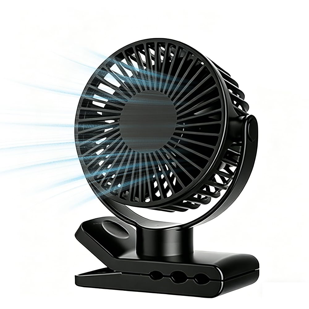 Ventilador de Mesa, 2000mAh Recargable Ventilador USB con Abrazadera Resistente, Ventilador Portátil de Clip con 5 Velocidades, Rotación de 720 Grados, para Oficina, Hogar, Acampar (Negro)