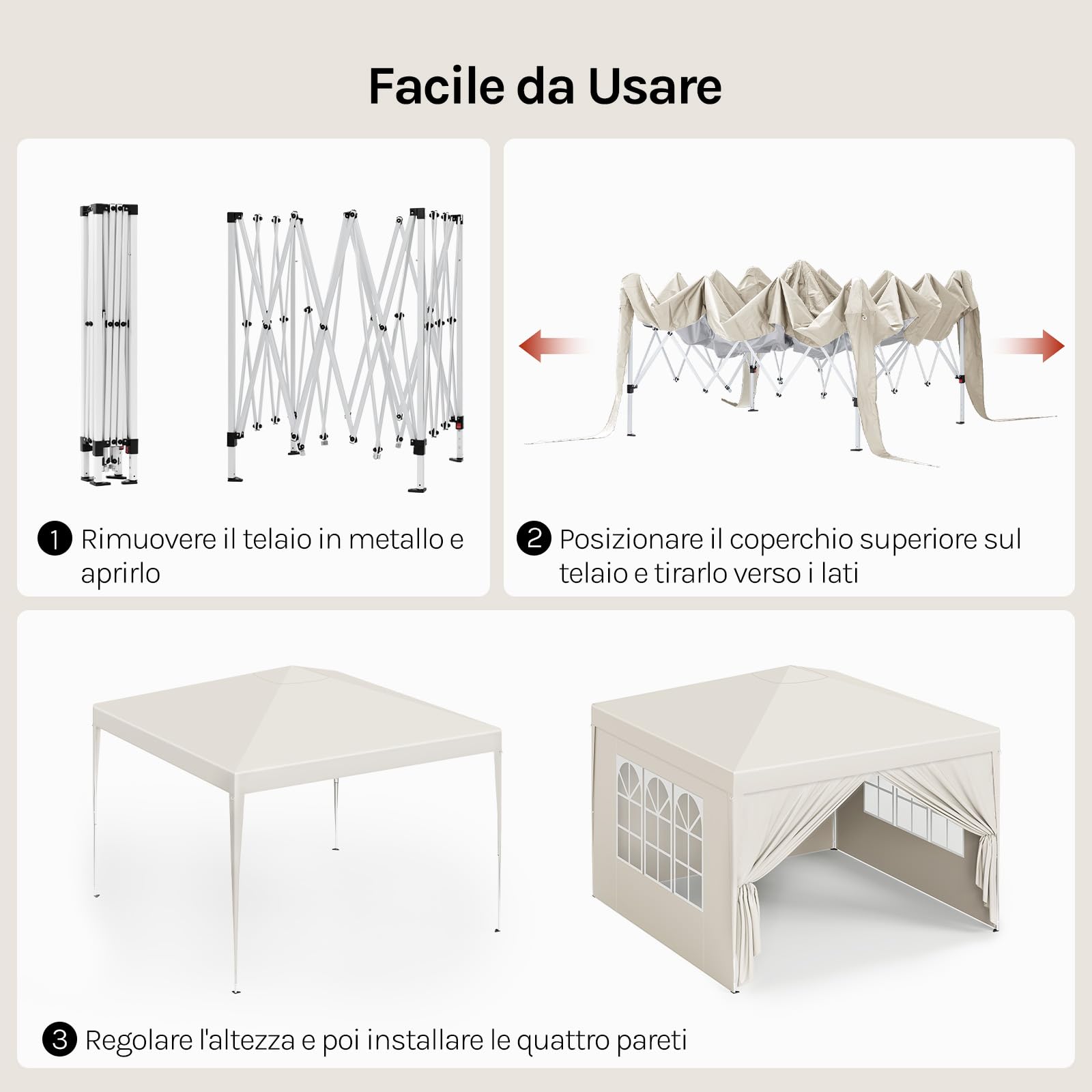 WOLTU Gazebo da Giardino Richiudibile 3x3m Gazebo da Esterno Ferro Regolabile in Altezza Tendone Pieghevole con Telo Impermeabile, Protezione Solare, Facile Montare Beige