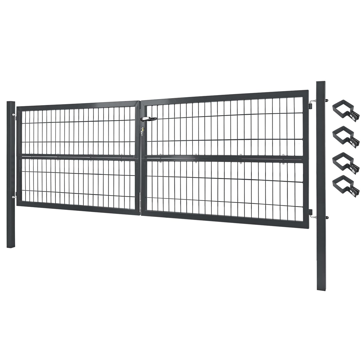 Cancello da giardino 300 x 100 cm, doppia anta in metallo, porta da giardino per asta e recinzione, con serratura, include paletti grigi