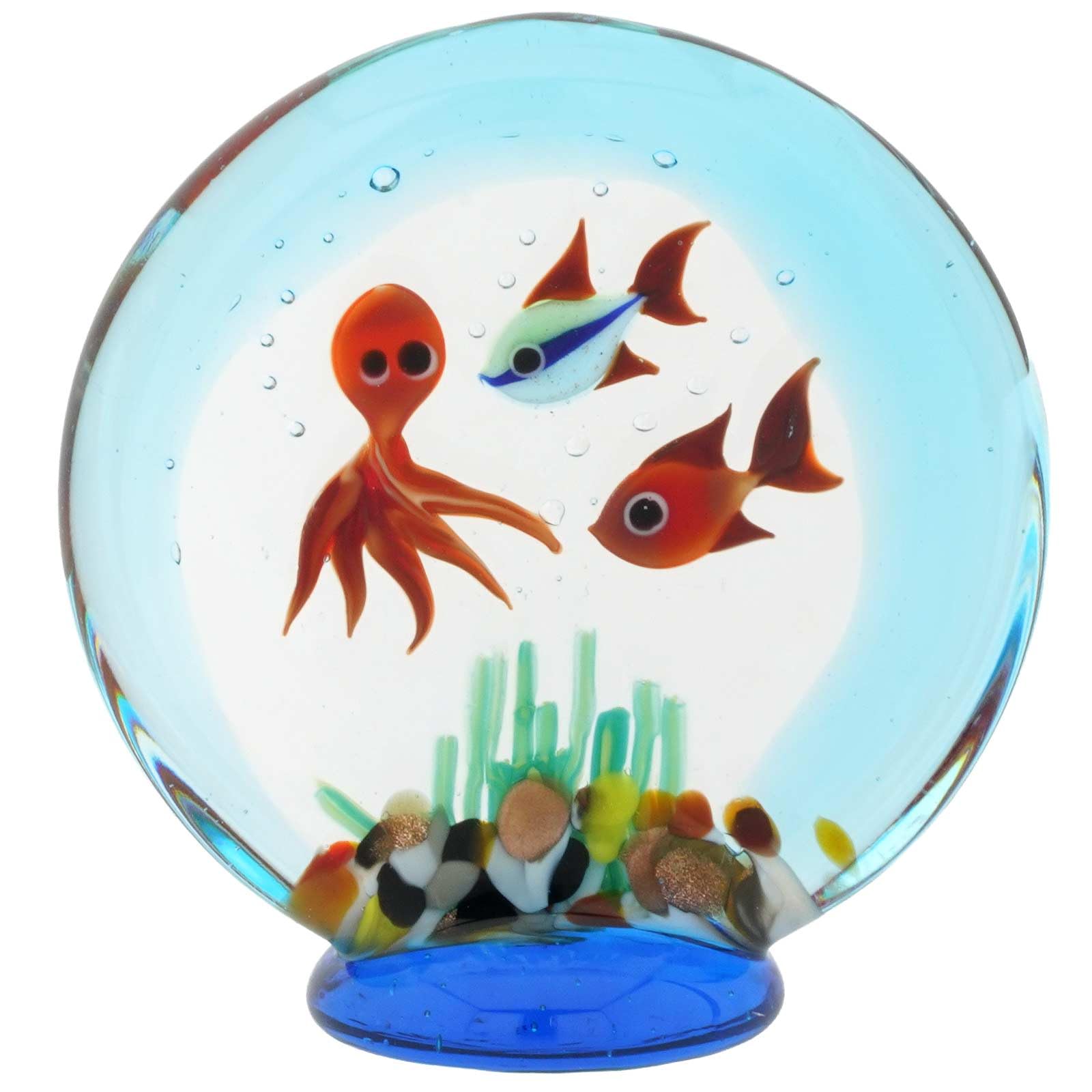 GlassOfVenice Acquario in Vetro di Murano con Statuetta di 2 Pesci e Un Polipo - Scultura Decorativa su Base Alta 2-1/4 Pollici per Acquario da casa o da Ufficio, Regalo Fatto a Mano a Venezia, Ital