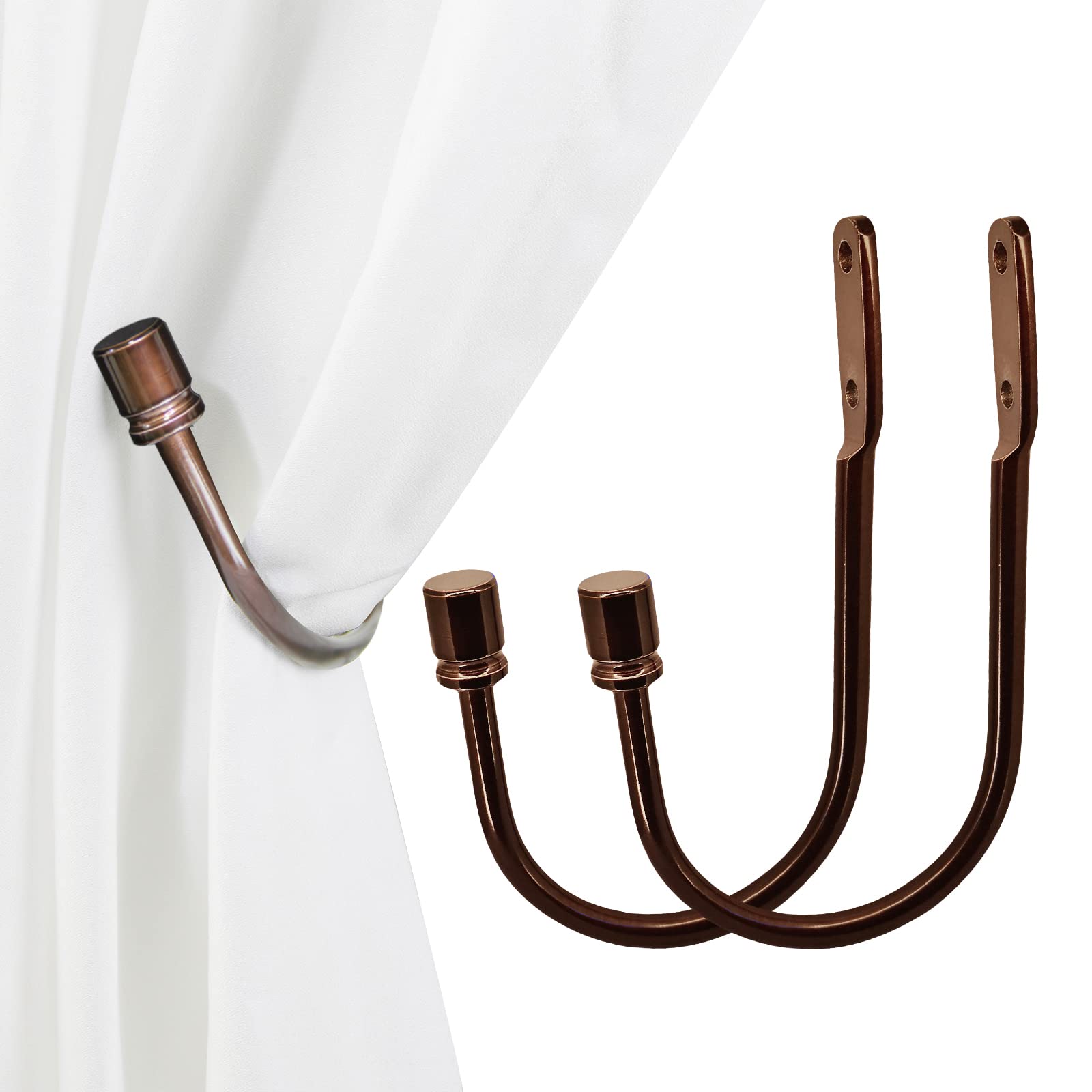 2 PCS Curtain Holdbacks, Metal Decorative Curtain Tiebacks with End Cap Finials, Wall Mounted Window Drapery Holdback Hooks for Living Room, Bedroom and More, Bronze