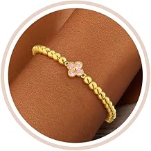 Birthstone Gold Bracelets for Women Non Tarnish Elastic 14K Gold Plated Bead Bracelets Trendy CZ Clover Bracelet Stackable Friendship Bracelets Dainty Jewelry Gifts for Mom Best Friend