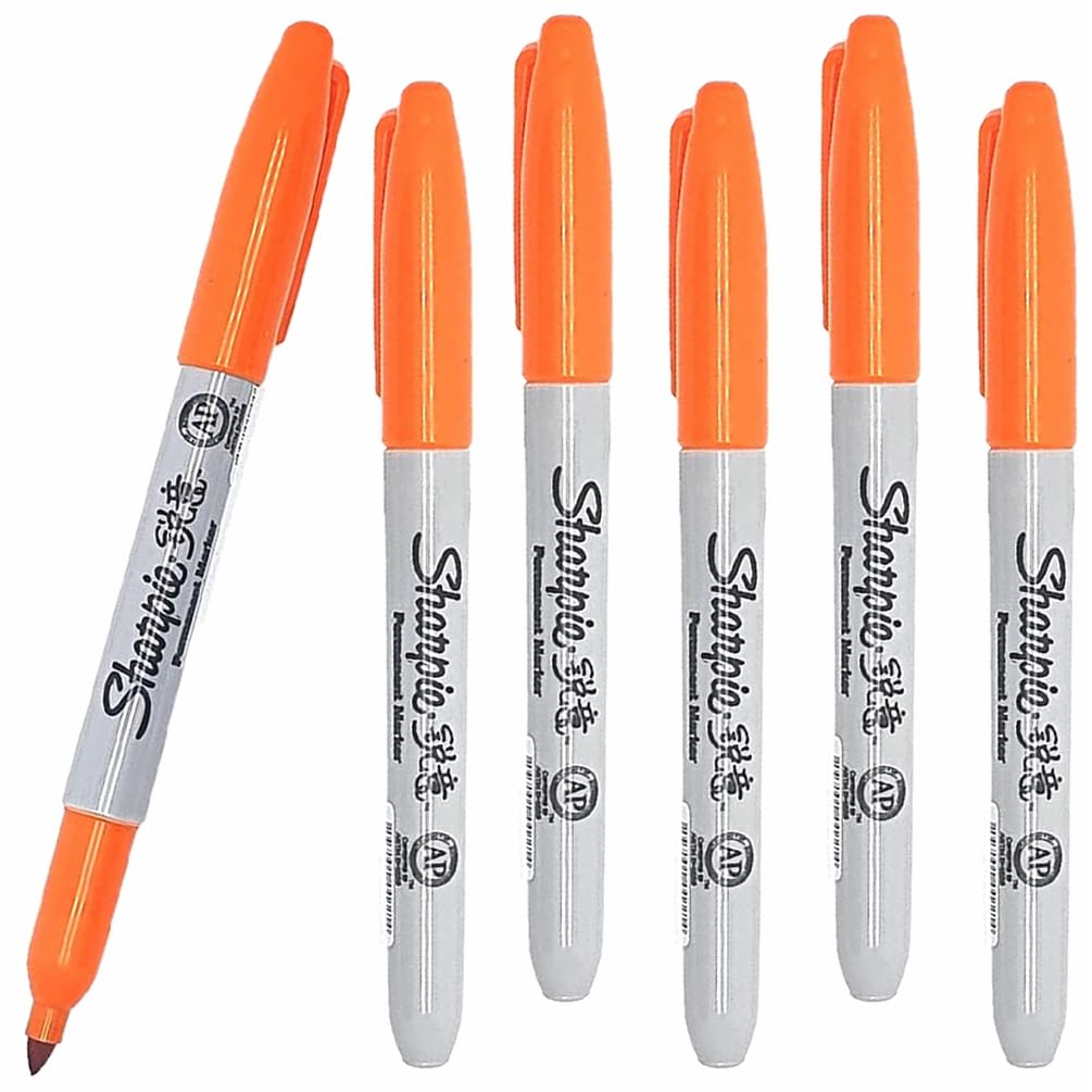 Sharpie 6 x Permanent Marker Pens with Fine Point Tip for Paper, Metal & Plastic, Orange Colour Ink - Loose in Plain Packaging [ASIA IMPORT]
