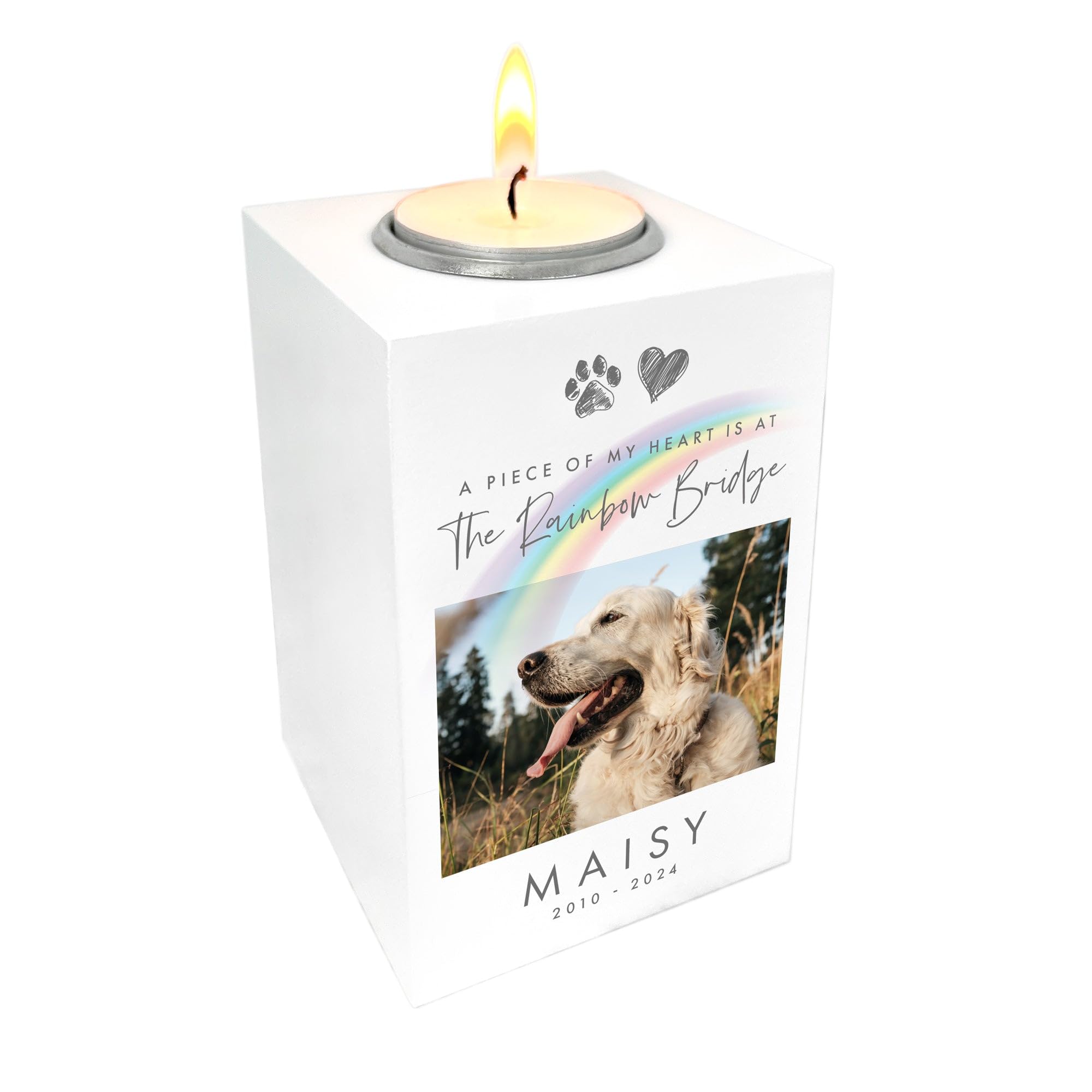 Personalised Pet Memorial Rainbow Bridge Photo White Tea Light Holder - Custom Photo & Message | Sympathy Gift for Pet Loss W7cm x D7cm x H10cm