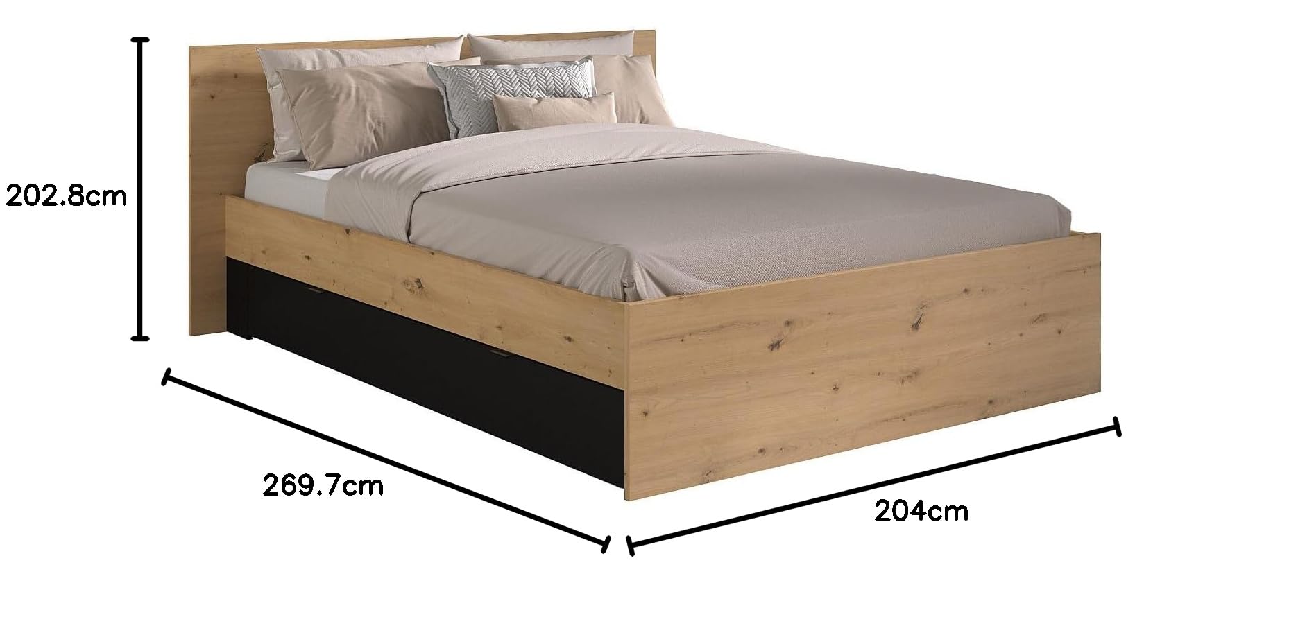 Vente-unique - Lit Pont 160 x 200 cm avec rangements - avec LEDs - Coloris : Naturel et Noir + Sommier + Matelas - VARLY