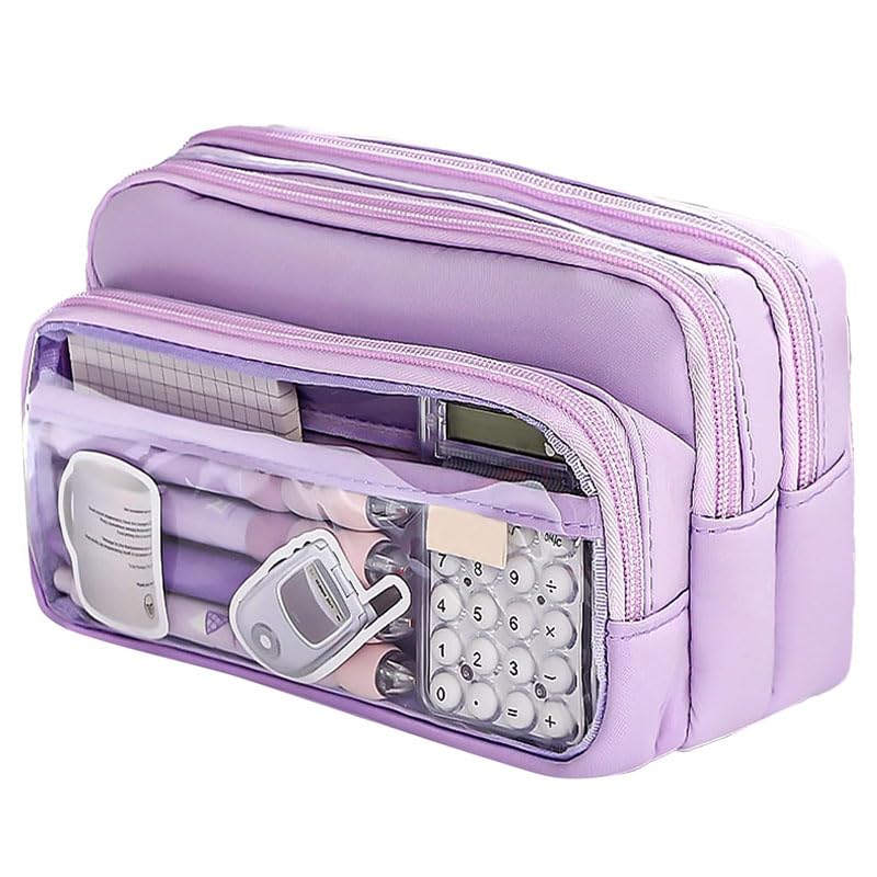 Large Pencil Case Big Capacity, Pencilcase School Aesthetic Bag, Purple Pencil Case, Aesthetic Pen Cases, Cheap Pencilcase with Zipper and 4 Compartments for Girls School College Office (Purple)