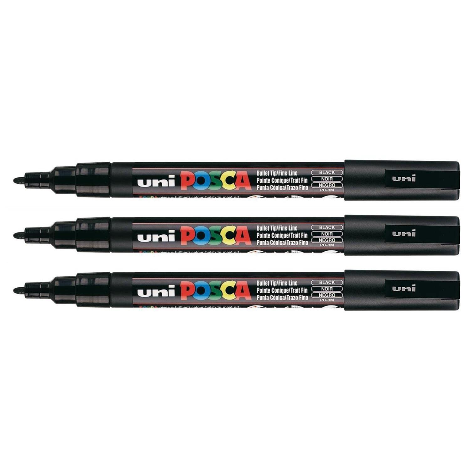 POSCA Lote de 3 rotuladores de punta cónica fina POSCA PC3M 0,9-1,3 mm, color negro