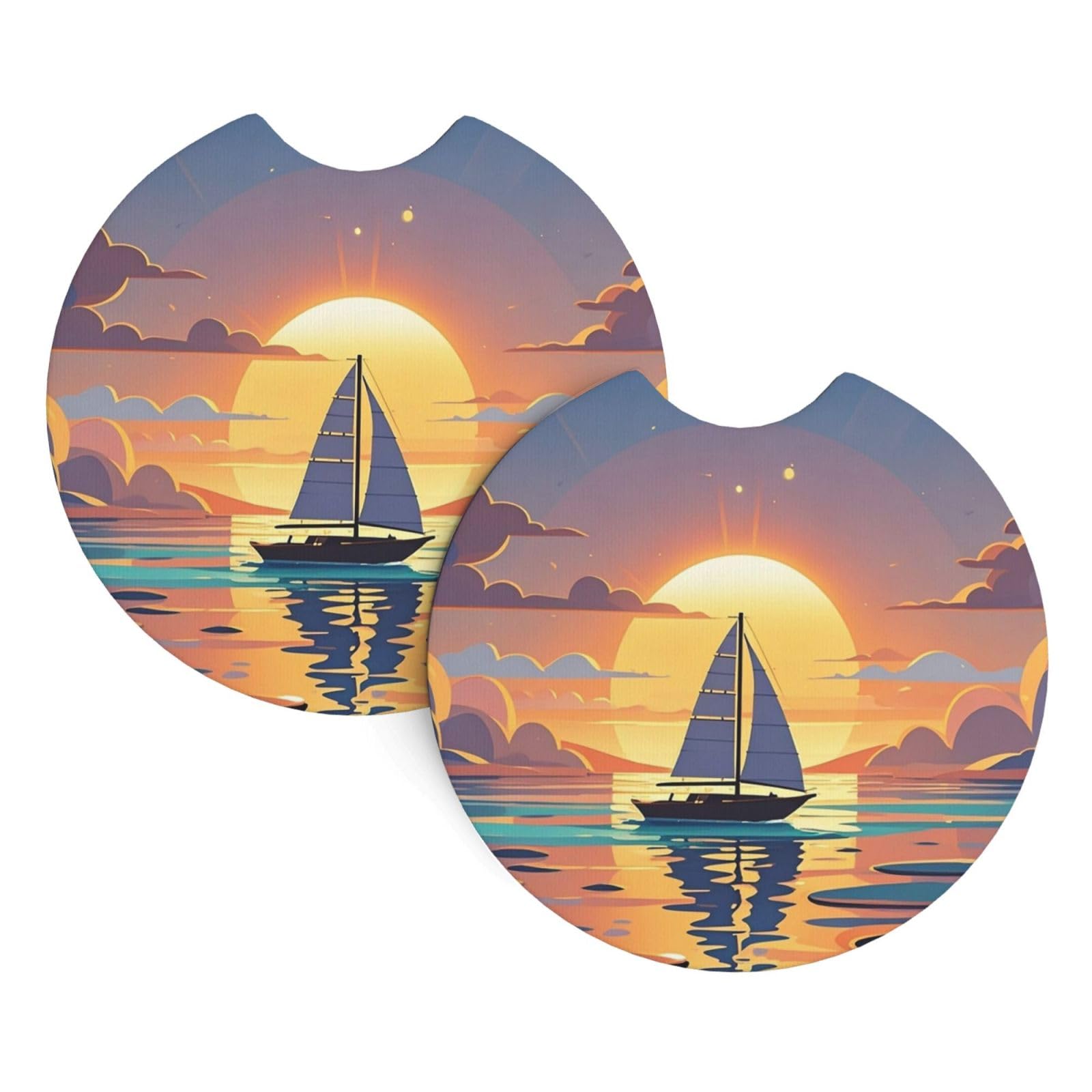 2 Pack Car Coaster for Cup Holders Sunset and Sailboat Car Cup Coaster 2.7" Neoprene Non-Slip Automotive Cup Mat Universal Auto Car Interior Accessories for Women Men Cup Pad
